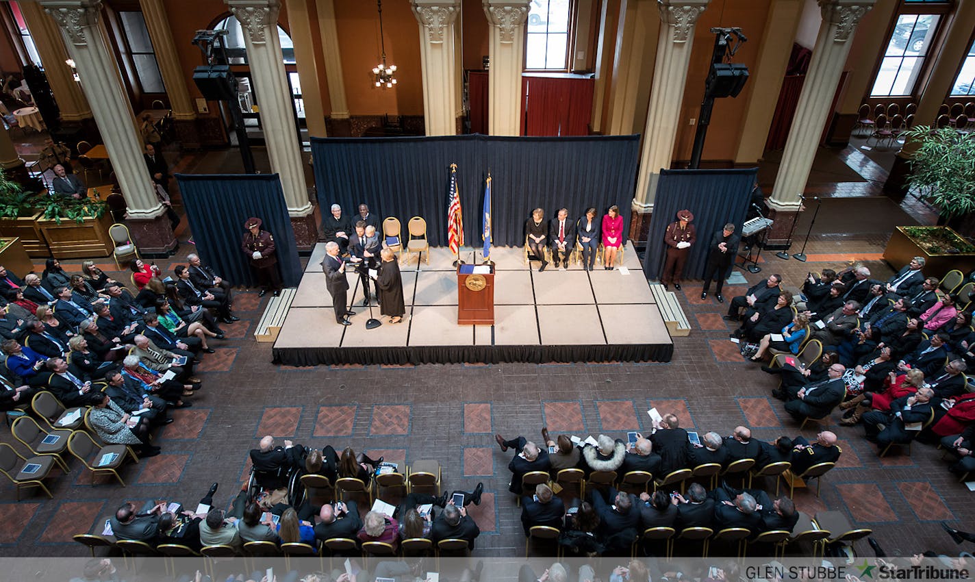 Governor Mark Dayton is sworn in.          ]   GLEN STUBBE * gstubbe@startribune.com   Monday January 5,  2015   Next Monday, January 5, Governor Mark Dayton and Lt. Governor-Elect Tina Smith will take the oath of office at an official inauguration ceremony beginning at 12:00pm at the Landmark Center in St. Paul.  138026