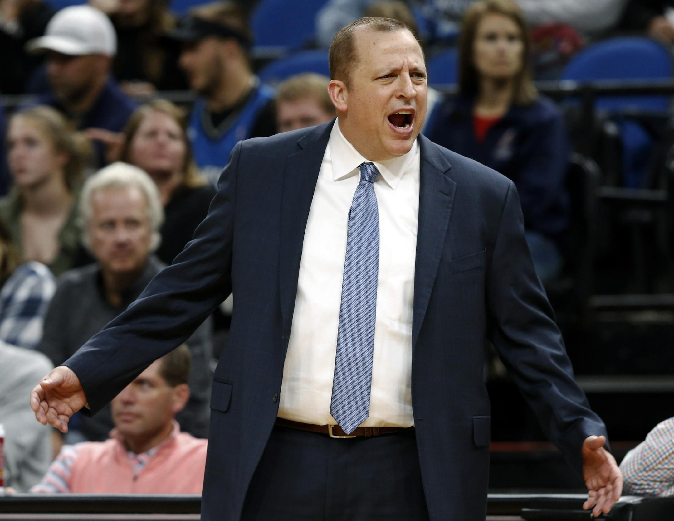 Minnesota Timberwolves coach Tom Thibodeau objects to a call during the first quarter of the team's NBA preseason basketball game against the Charlotte Hornets on Friday, Oct. 21, 2016, in Minneapolis. (AP Photo/Jim Mone) ORG XMIT: MIN2016102423493377