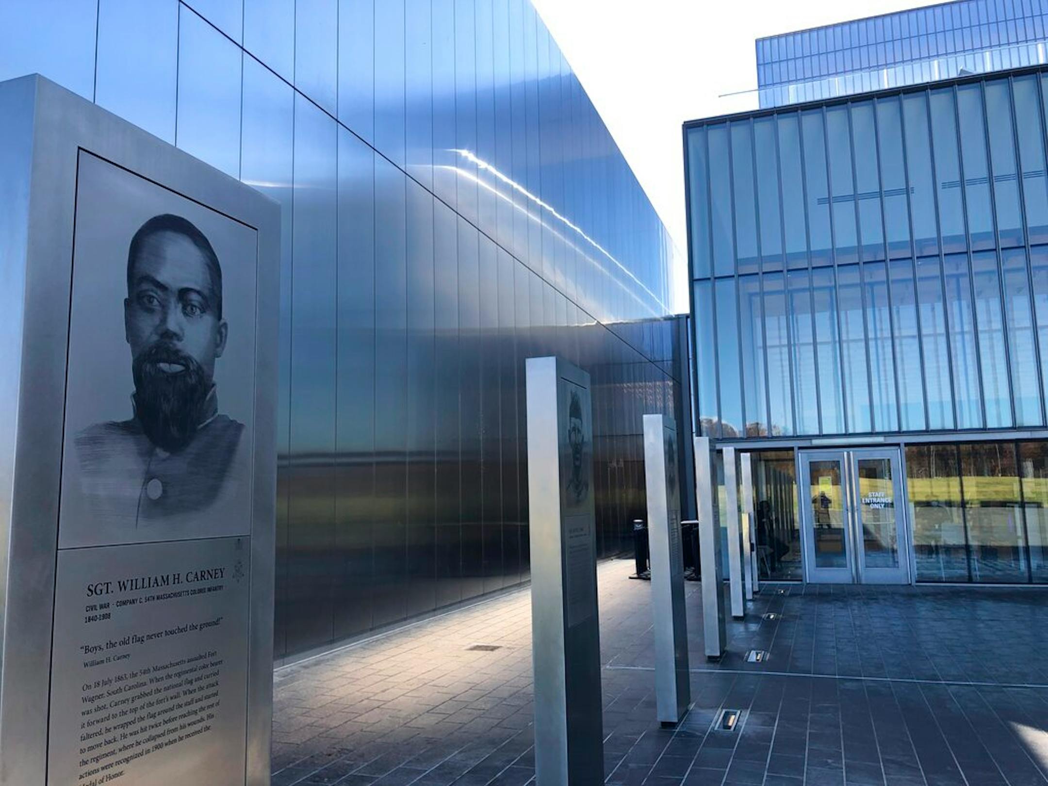 A marker commemorating the service of Sgt. William Carney, a former slave who served in the 54th Massachusetts Colored Infantry Regiment and became the first African American Medal of Honor recipient, is displayed outside the new National Museum of the United States Army on Tuesday, Nov. 10, 2020, in Fort Belvoir, Va.