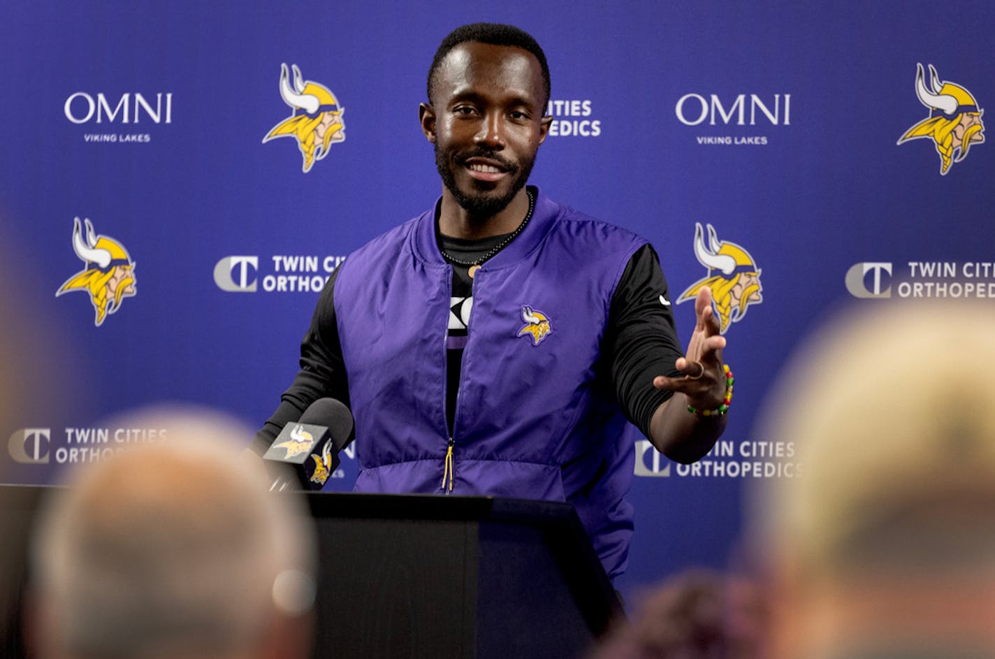 Minnesota Vikings general manager Kwesi Adofo-Mensah during a press conference Tuesday, July 25, 2023, at TCO Performance Center in Eagan, Minn. ] CARLOS GONZALEZ • carlos.gonzalez@startribune.com