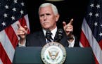 FILE - In this Aug. 9, 2018, file photo, Vice President Mike Pence gestures during an event on the creation of a U.S. Space Force at the Pentagon. Ris