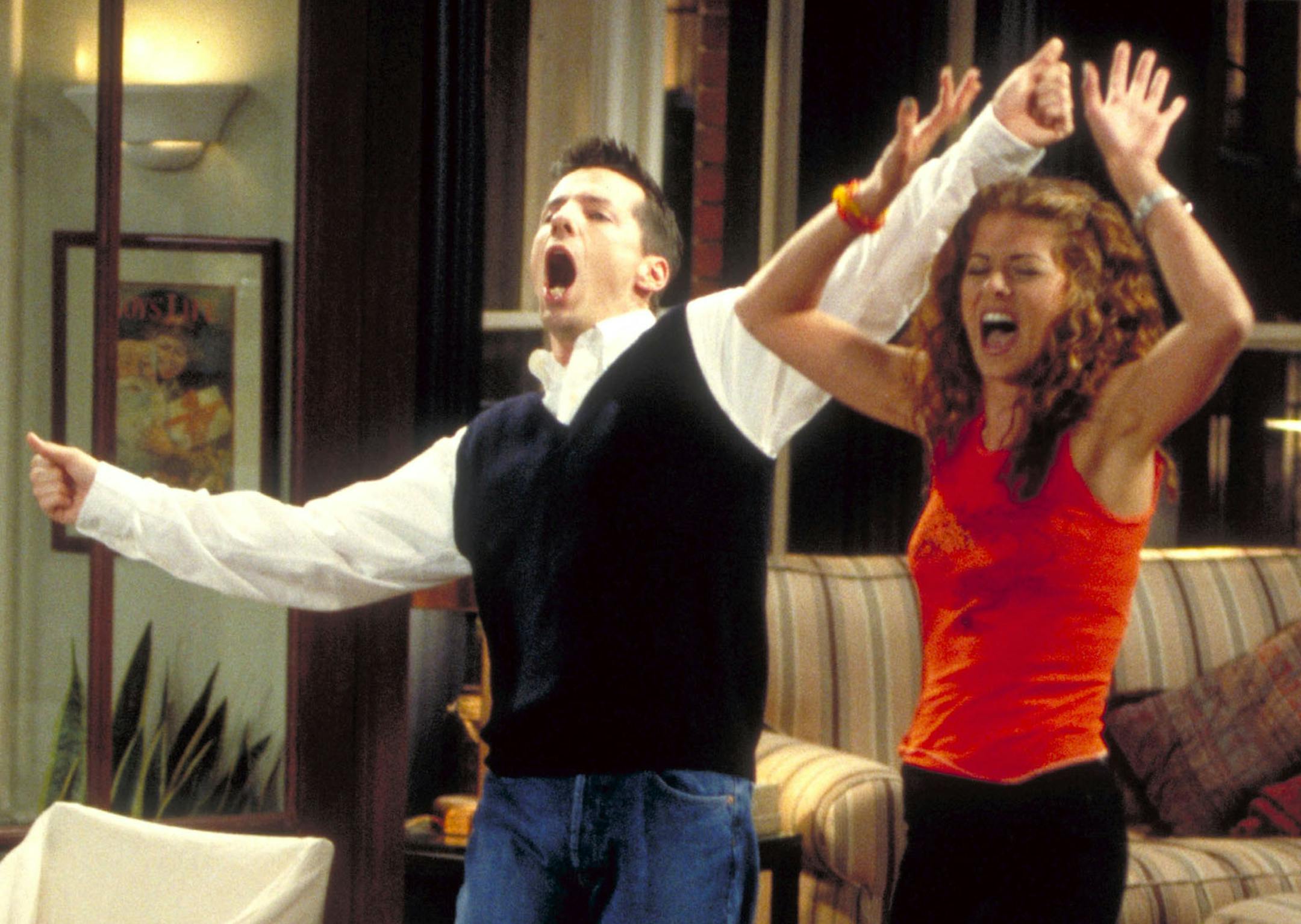 WILL & GRACE -- "Polk Defeats Truman" -- Pictured: (l-r) Sean Hayes as Jack McFarland, Debra Messing as Grace Adler -- NBC Photo: Paul Drinkwater