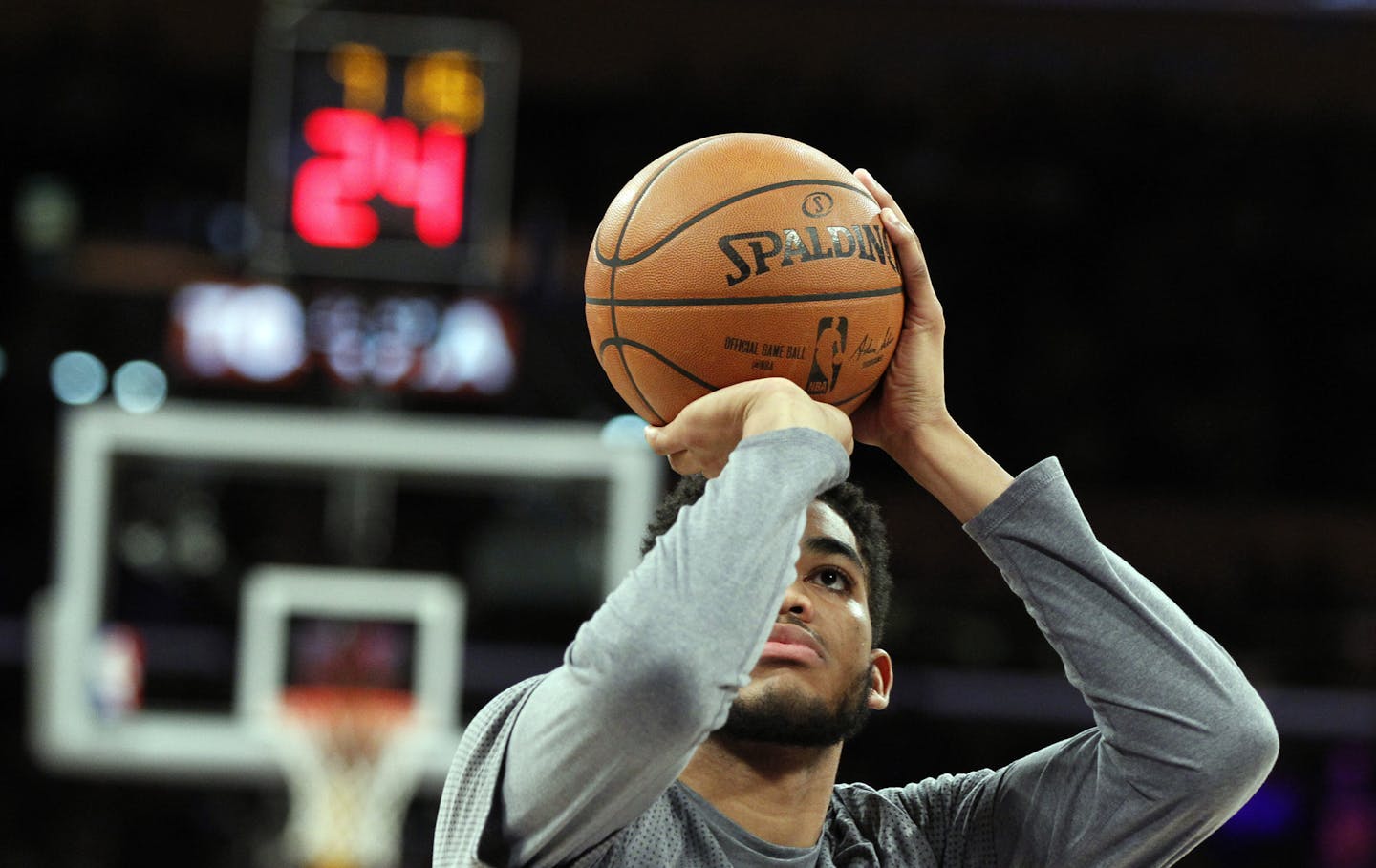 Minnesota Timberwolves center Karl-Anthony Towns during warmups before an NBA basketball game against the Los Angeles Lakers in Los Angeles, Wednesday, Oct. 28, 2015. (For the Star Tribune/Alex Gallardo) ORG XMIT: 349911 wolf102915 2