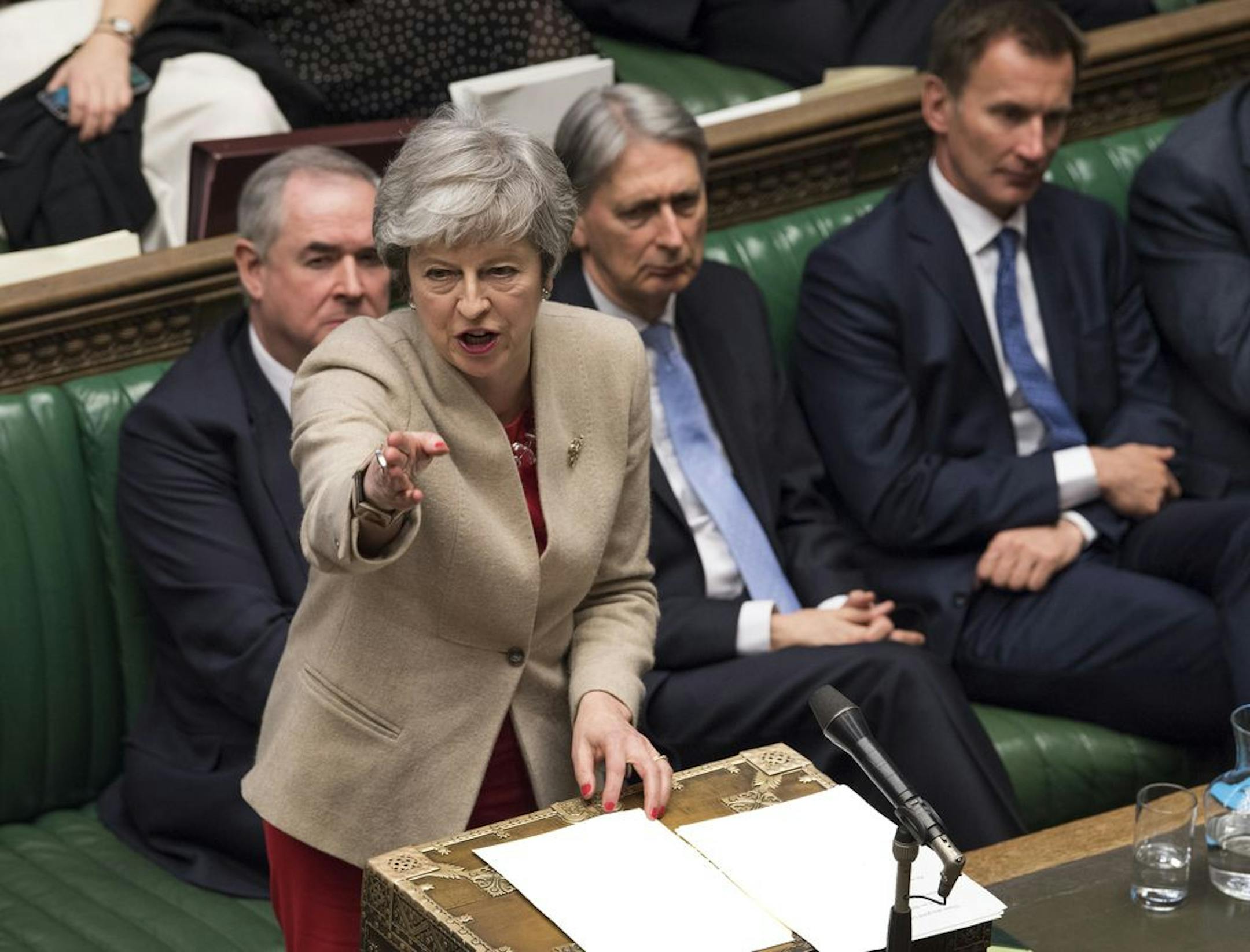 Britain's Prime Minister Theresa May speaks to lawmakers in the House of Commons, London, Friday March 29, 2019. U.K. lawmakers on Friday rejected the government's Brexit divorce deal with the European Union for a third time.