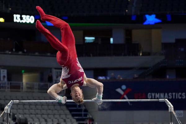 Shane Wiskus takes the first of three falls while competing in the high bar during the U.S. Gymnastics Championships, Saturday, June 5, 2021, in Fort 