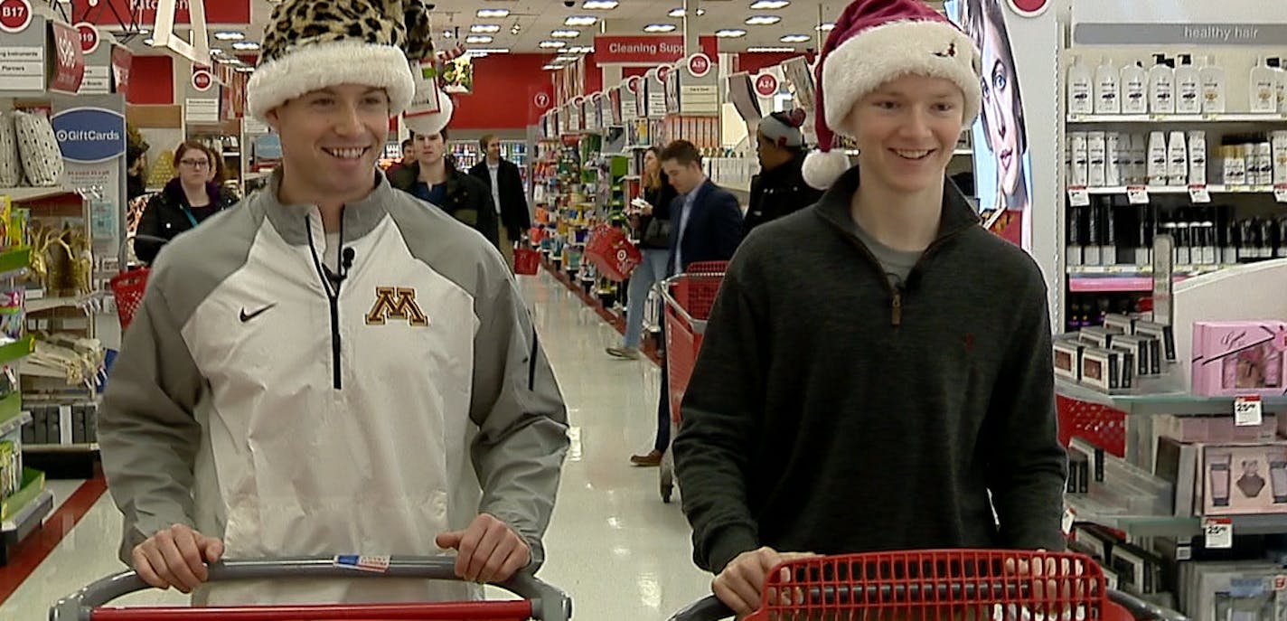 Credit Gopher Digital Properties. Peter Mortell, left, and cancer survivor Casey O&#xed;Brien shopped at a Target in New Brighton for Christmas presents for teenage patients at the University of Minnesota Masonic Children&#xed;s Hospital. Mortell, a punter on the Gophers football team, raised nearly $25,000 through donations for the cause.