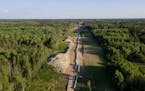 An aerial view near Park Rapids, Minn., June 6, 2021, of construction of the Line 3 pipeline project.