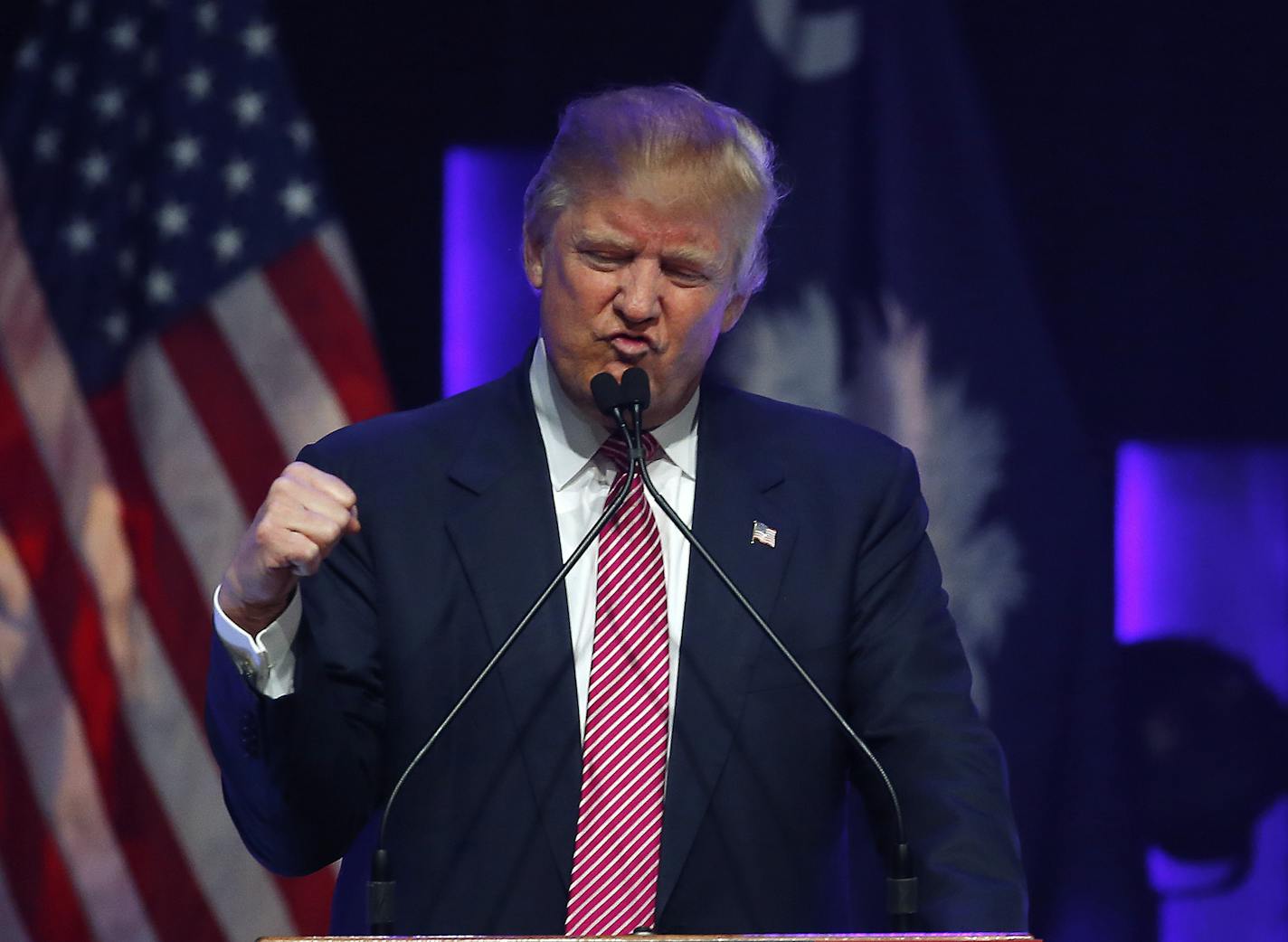 Republican presidential candidate Donald Trump speaks during a campaign stop, Monday, Feb. 15, 2016, in Greenville, S.C. (AP Photo/Paul Sancya)