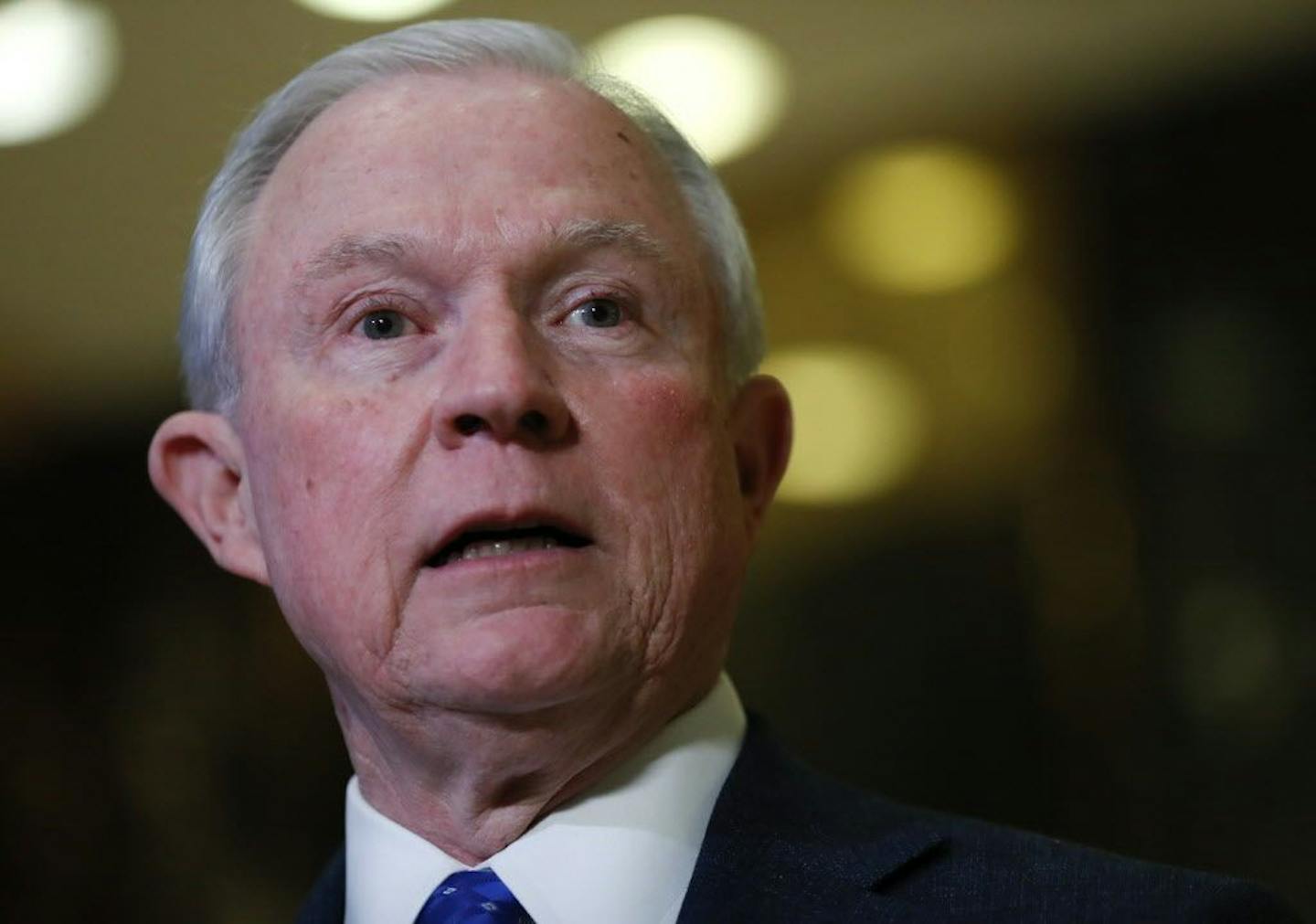 Sen. Jeff Sessions, R-Ala. speaks to media at Trump Tower, Thursday, Nov. 17, 2016, in New York.