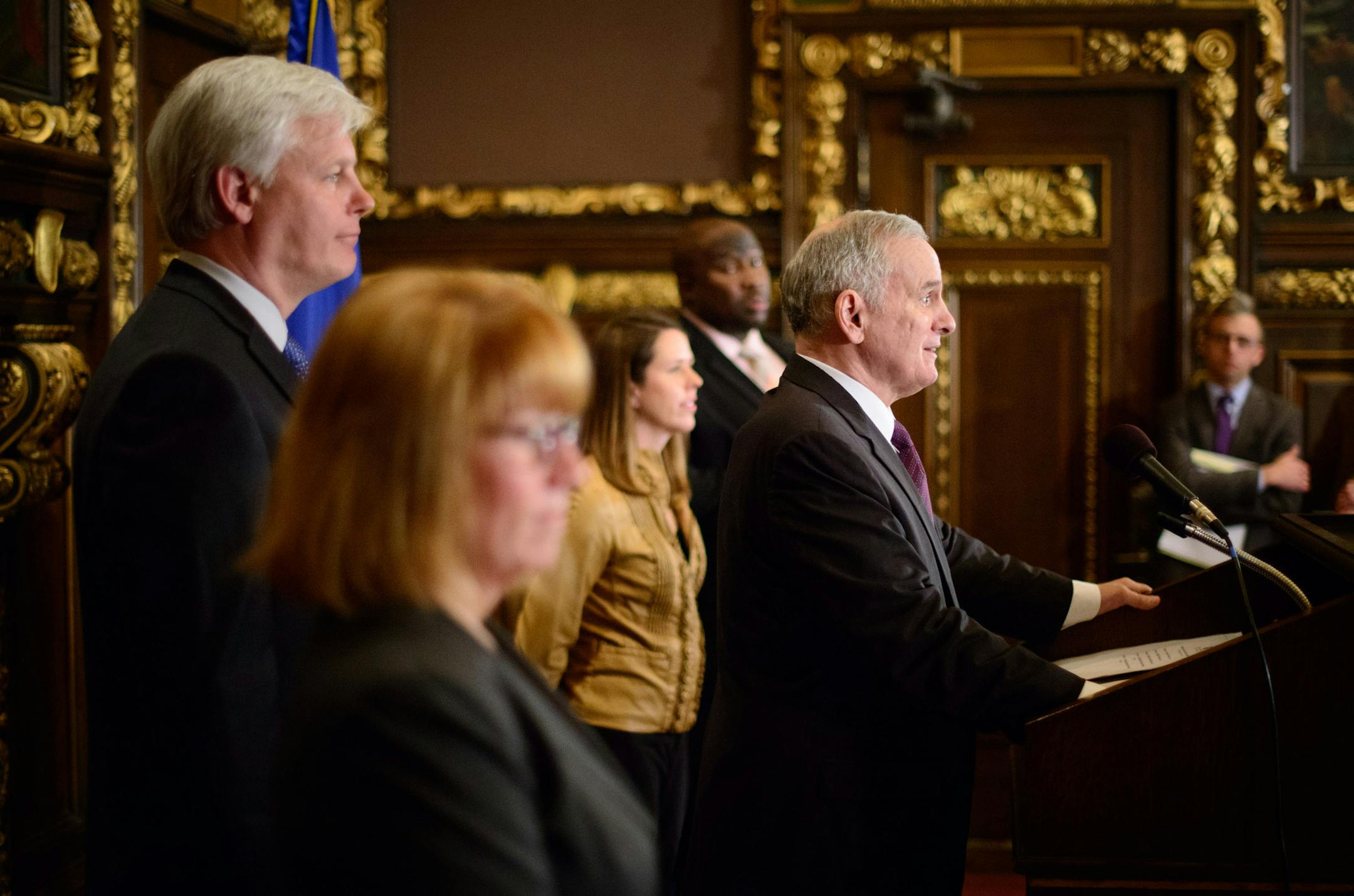 Gov. Mark Dayton held a press conference with Speaker Paul Thissen, Majority Leader Erin Murphy, Assistant Majority Leader Katie Sieben and Deputy Majority Leader Jeff Hayden on the accomplishments of the 2014 Legislative Session.