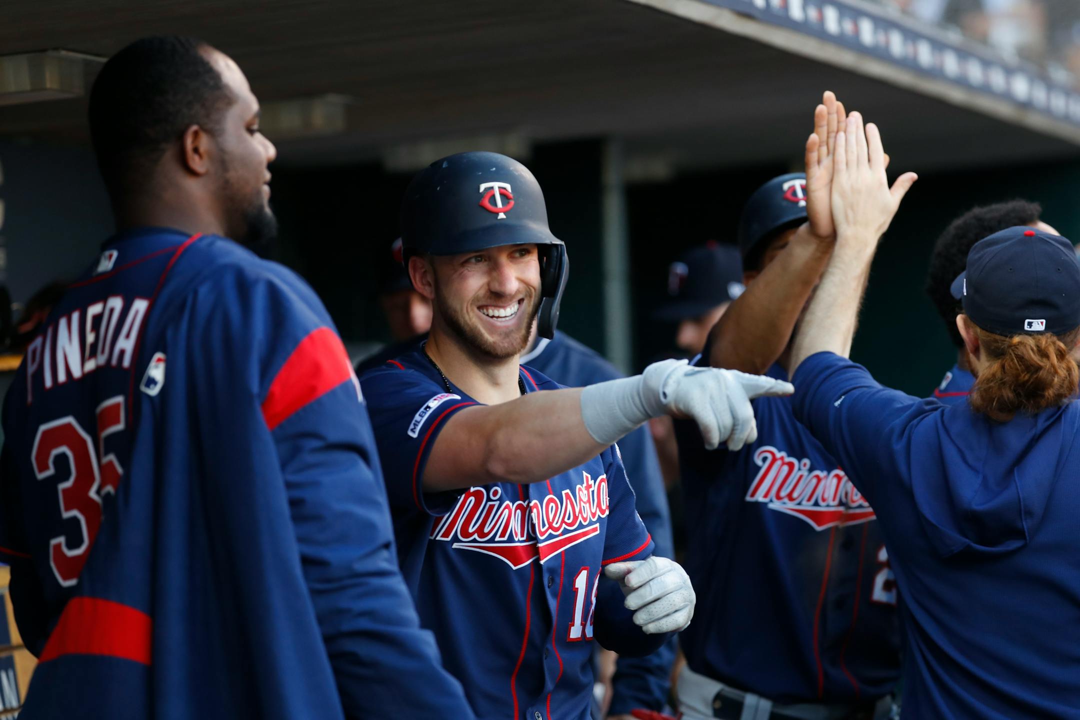 The Twins' Mitch Garver celebrates his two-run home run in the third inning