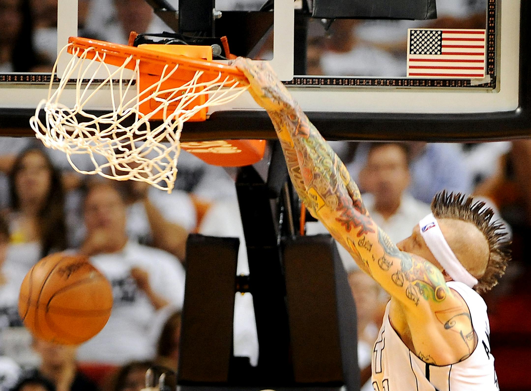 Miami Heat's Chris Andersen dunks the ball for two points in the third quarter in Game 1 of the NBA's Eastern Conference playoffs at the AmericanAirlines Arena in Miami, Florida, Sunday, April 21, 2013. (Robert Duyos/Sun Sentinel/MCT)
