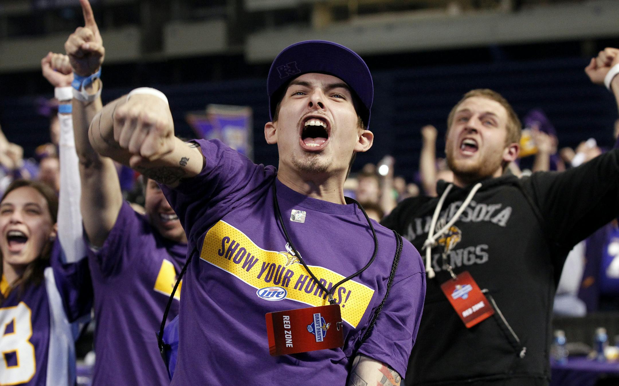 Minnesota Vikings fans Eric Klitzke, 23, of Blaine and Joe Hager, 20, of Ormsby, MN reacted to announcement of the Vikings selecting Cordarrelle Patterson during the Vikings draft party at The Metrodome on Thursday. Cordarrelle Patterson wide receiver out of Tennessee was selected 29 th overall. ] CARLOS GONZALEZ cgonzalez@startribune.com April 25, 2013, Minneapolis, The Metrodome, NFL, Minnesota Vikings 2013 Draft Party
