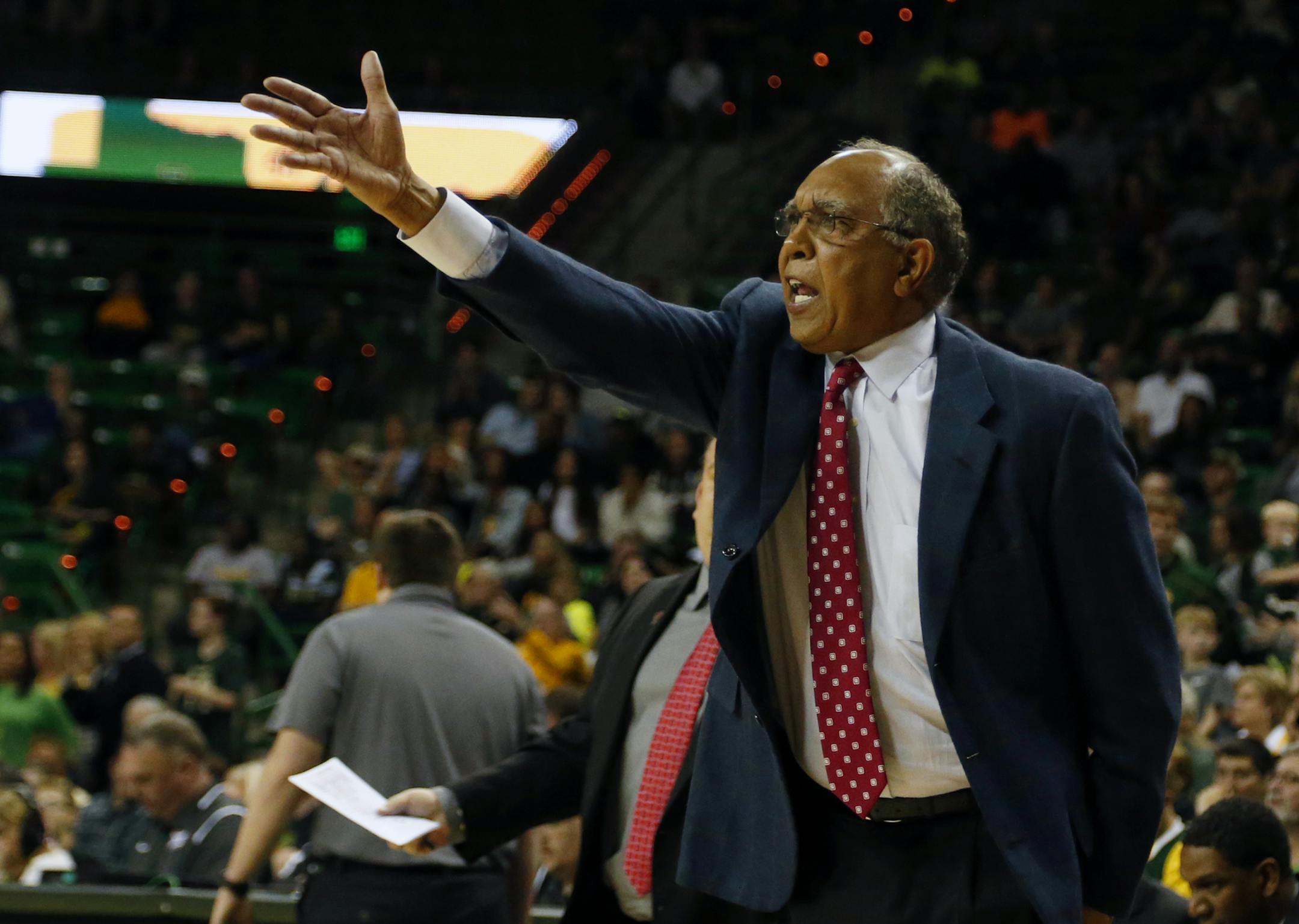 Texas Tech head coach Tubby Smith questions a call in the second half of an NCAA college basketball game against Baylor, Saturday, Feb. 13, 2016, in Waco, Texas. Texas Tech won 84-66. (AP Photo/Rod Aydelotte)