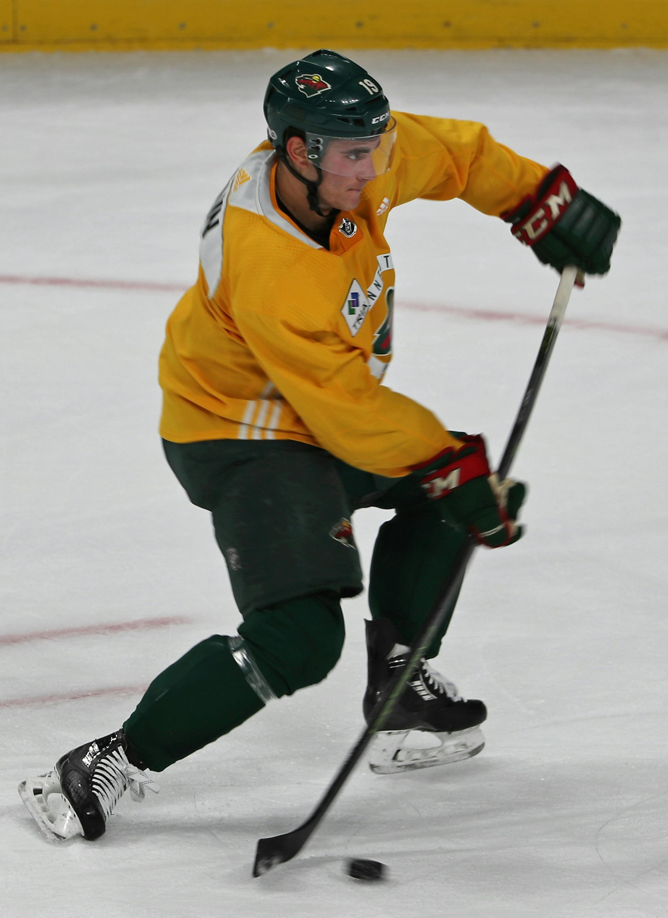 Wild forward Luke Kunin practiced shooting one-timers at practice during training camp. ] Shari L. Gross &#xef; shari.gross@startribune.com Fans were in the seats as the Minnesota Wild skated during training camp at the Xcel Energy Center on Saturday, Sept. 16, 2017.