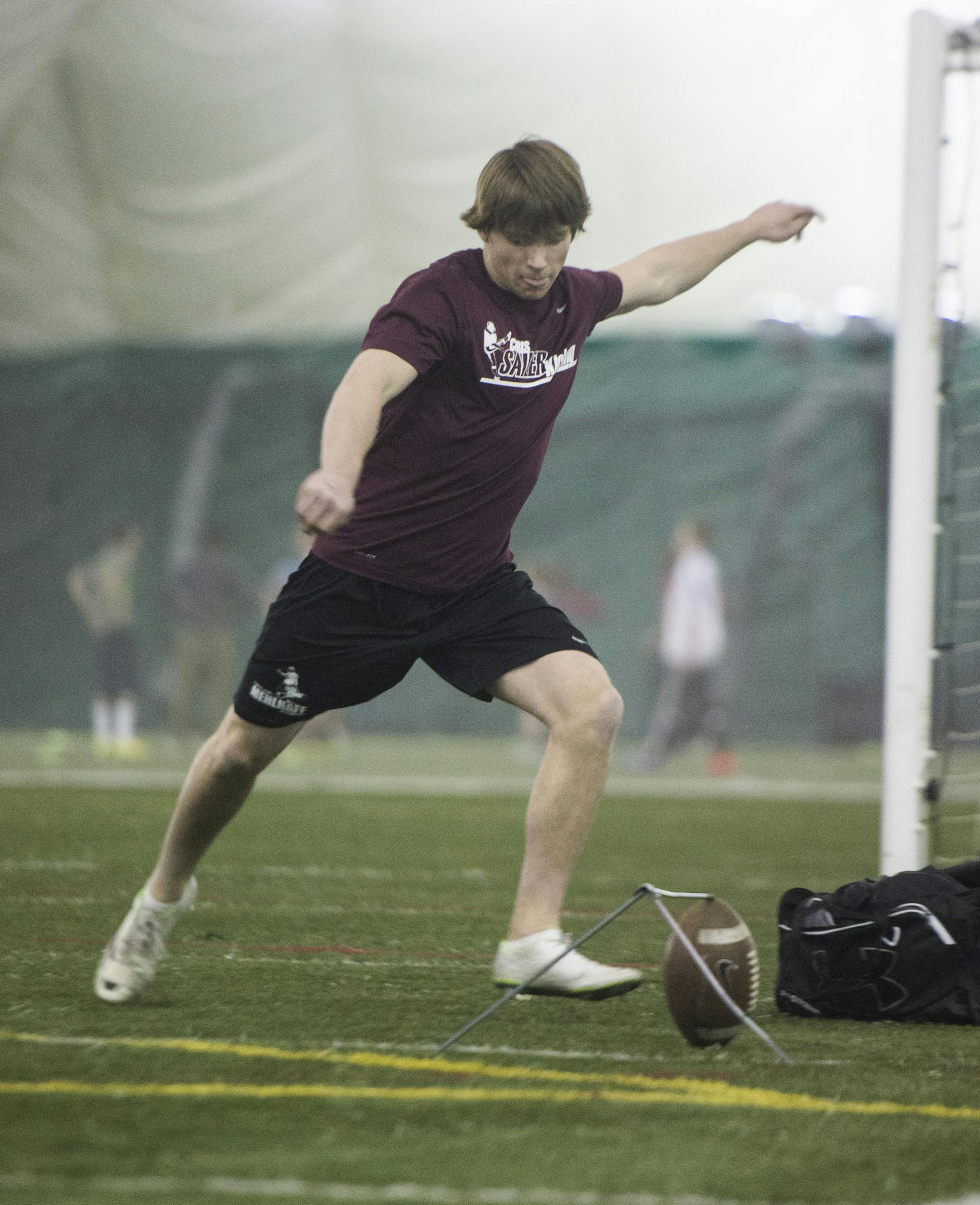 Edina kicker Patrick LeCorre practices kicking. ] PHOTO SPECIAL TO THE STAR TRIBUNE BRIDGET BENNETT • bridget.bennett@startribune.com Friday, 30 Jan., 2015 at the Prairie Dome at Eden Prairie High School in Eden Prairie, Minn..