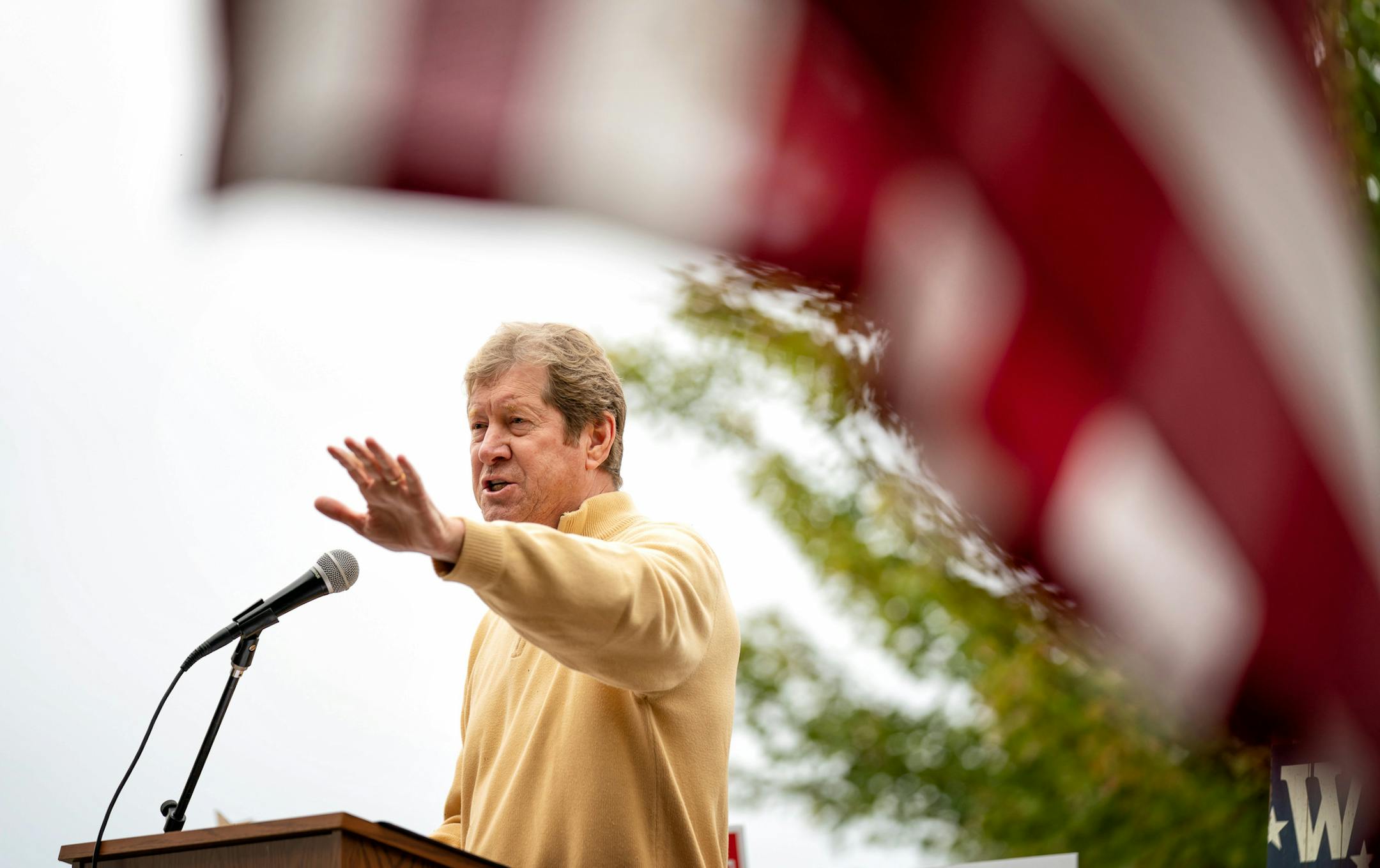 Jason Lewis spoke to the crowd at Reagan Day at the Ranch, a Republican event held annually in Taylors Falls, in Chisago County, on Monday, Sept. 26.