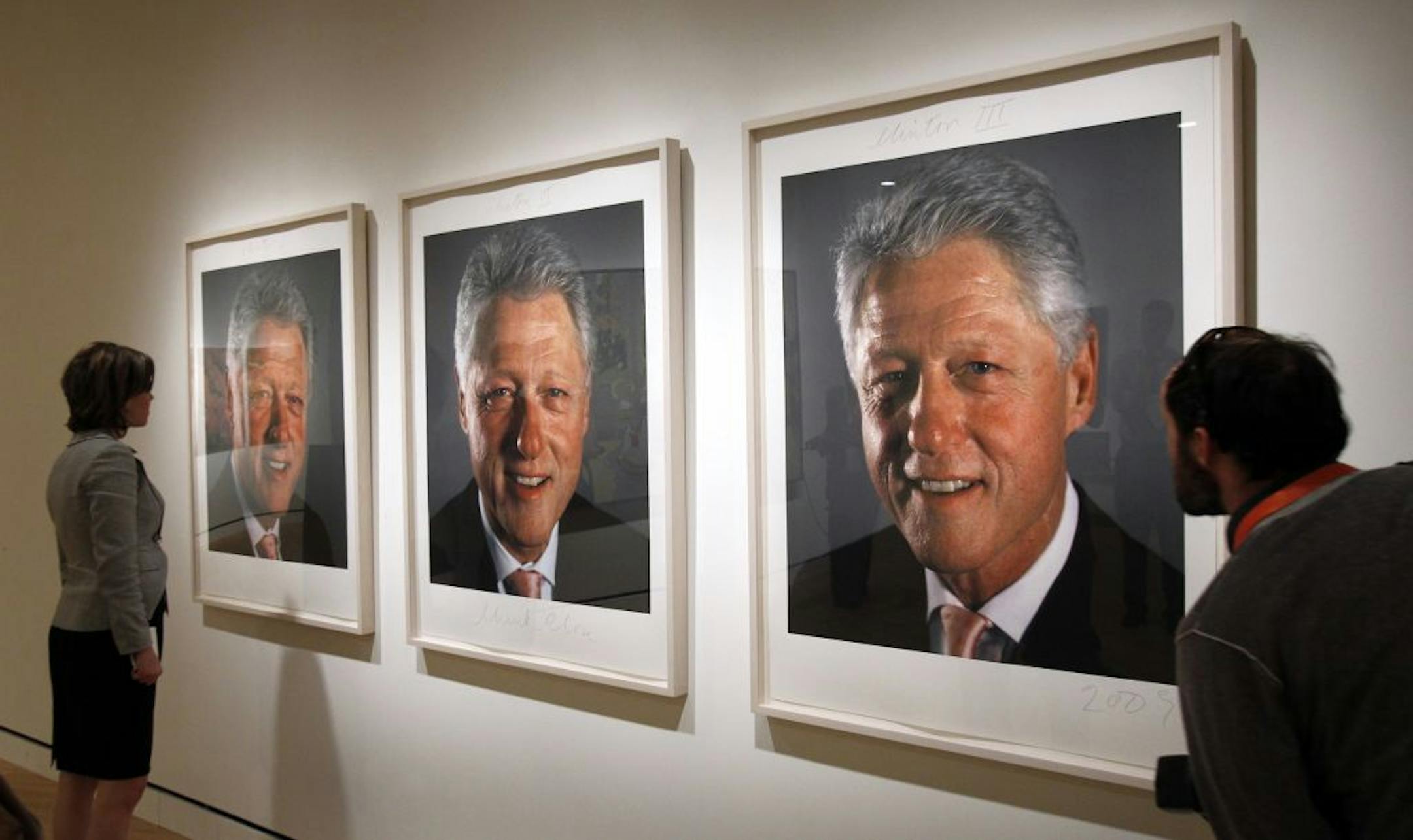 Three photographs of President Bill Clinton by Chuck Close that were used for a painting hang in the Crystal Bridges Museum of American Art in Bentonville, Arkansas.