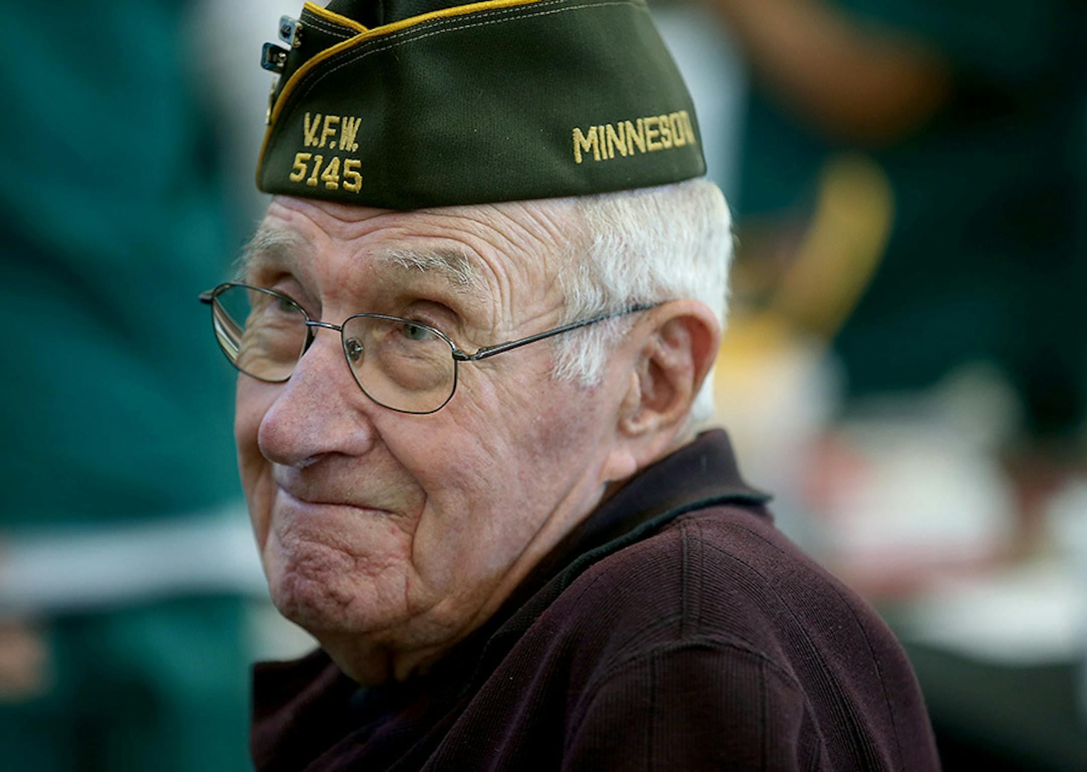 Flavian Weiers of New Prague chatted with a nurse as he received free medical screening at the Standdown for Veterans event at the Mankato National Guard Armory, Tuesday, Nov. 10, 2015 in Mankato. Weiers, 88, served in the Army during the Korean War.