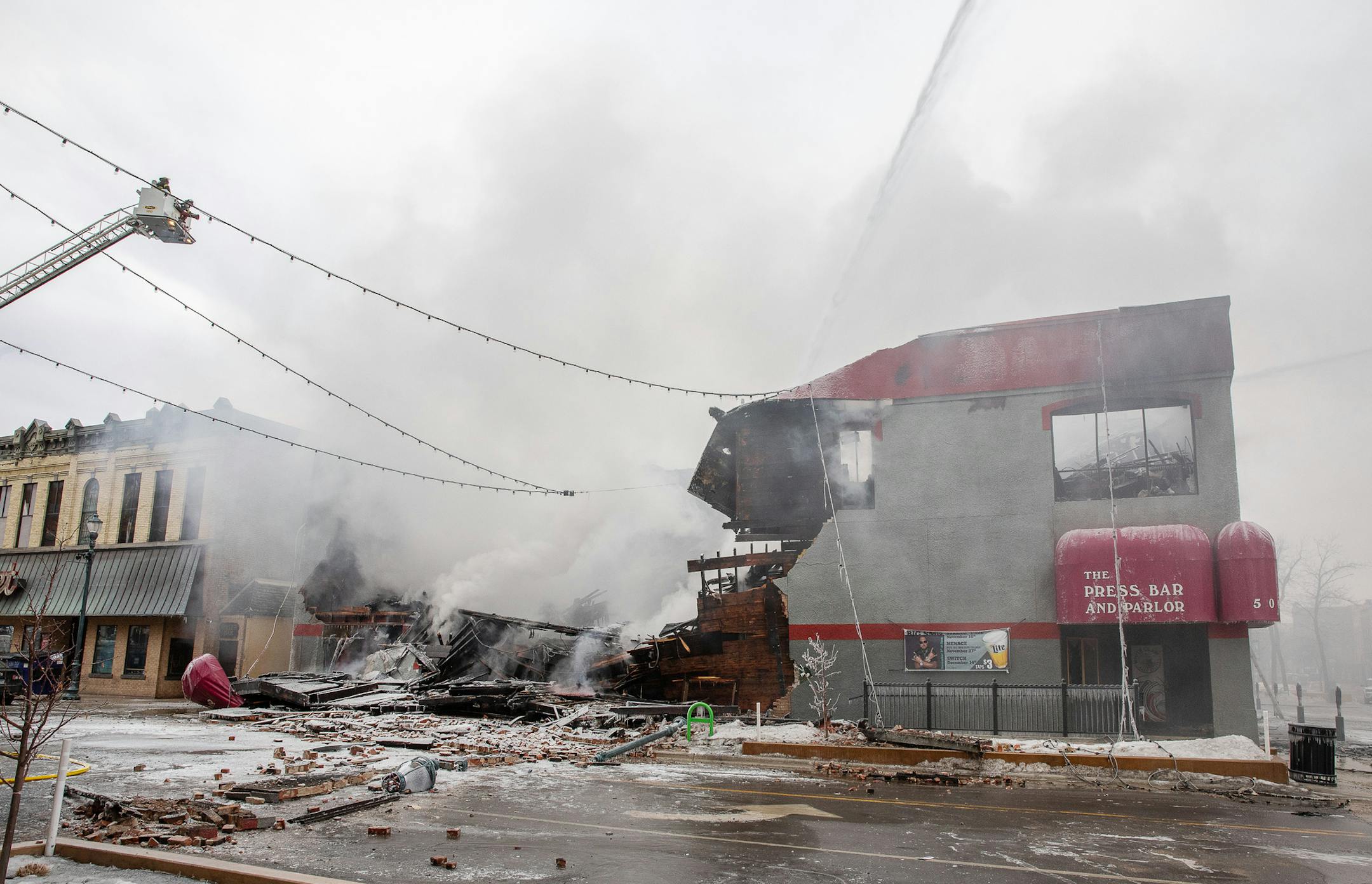 Firefighters from St. Cloud, Sartell and Sauk Rapids battle a major fire in downtown St. Cloud at the Press Bar and Parlor Monday, Feb. 17, 2020, at 502 W. St. Germain Street in St. Cloud, Minn. JASON WACHTER - SPECIAL TO THE STAR TRIBUNE