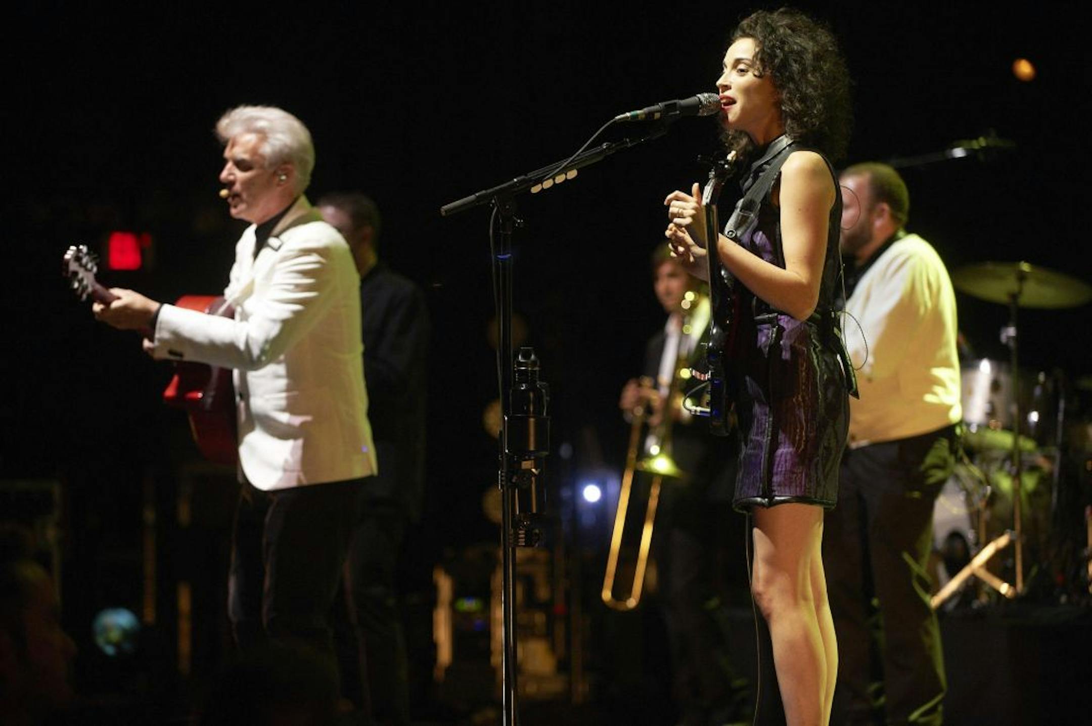 David Byrne & St. Vincent performed together at the first show of their tour at the State Theater in Minneapolis Saturday night, September 15. David Byrne at left, St. Vincent at right. Special to Star Tribune/Tony Nelson