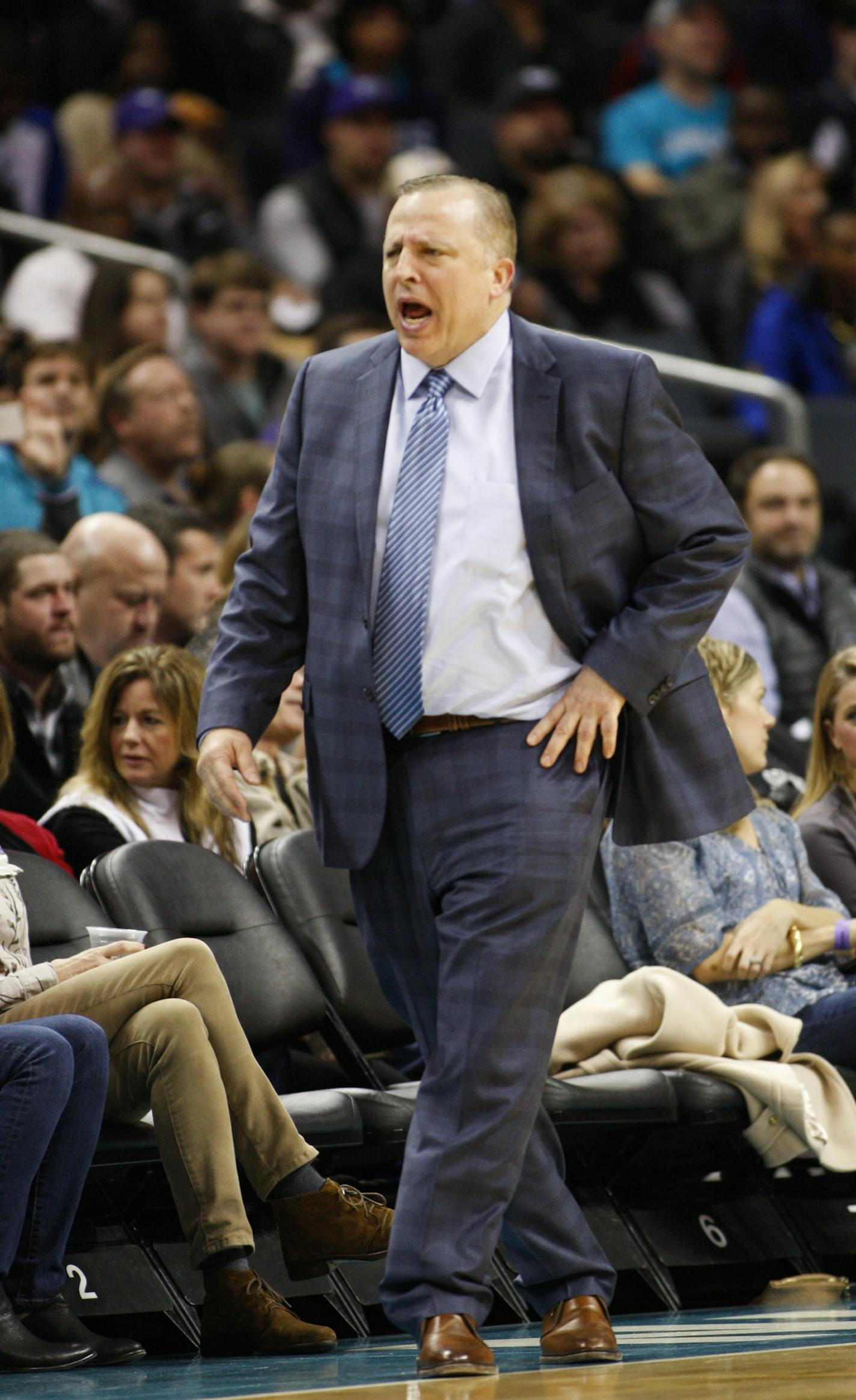 Minnesota Timberwolves coach Tom Thibodeau yells at a referee as Minnesota plays the Charlotte Hornets in an NBA basketball game in Charlotte, N.C., Saturday, Dec. 3, 2016. Minnesota won 125-120. (AP Photo/Nell Redmond) ORG XMIT: NYOTK