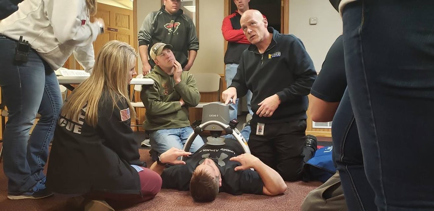 Mark Griffith, executive director of the South Central Minnesota EMS System, works with volunteer first responders at a cardiac arrest response class in Janesville, Minn., in April. Photo by Mike Oeffler, ORG XMIT: 64PEvGz2ftpvLJTQeQJG