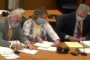 In this screen grab from video, former Brooklyn Center police Officer Kimberly Potter, middle, is flanked by defense attorney Earl Gray, left, and def