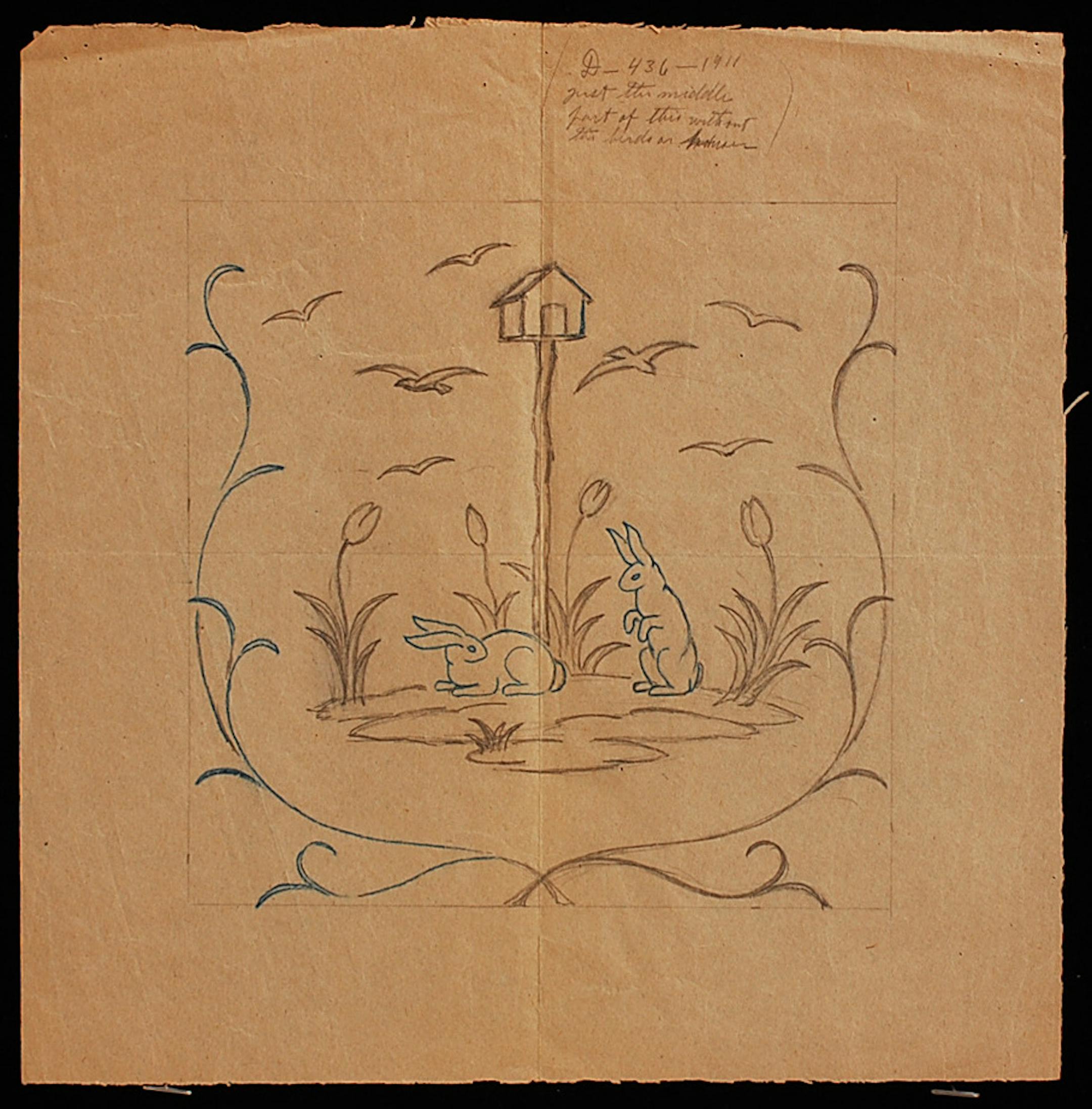 Many of the designs chosen for the Hastings Needle Work Company 2013-2014 Arts Challenge feature animals, such as this design with rabbits, tulips, and a birdhouse. (Image provided by the Dakota County Historical Society.)
