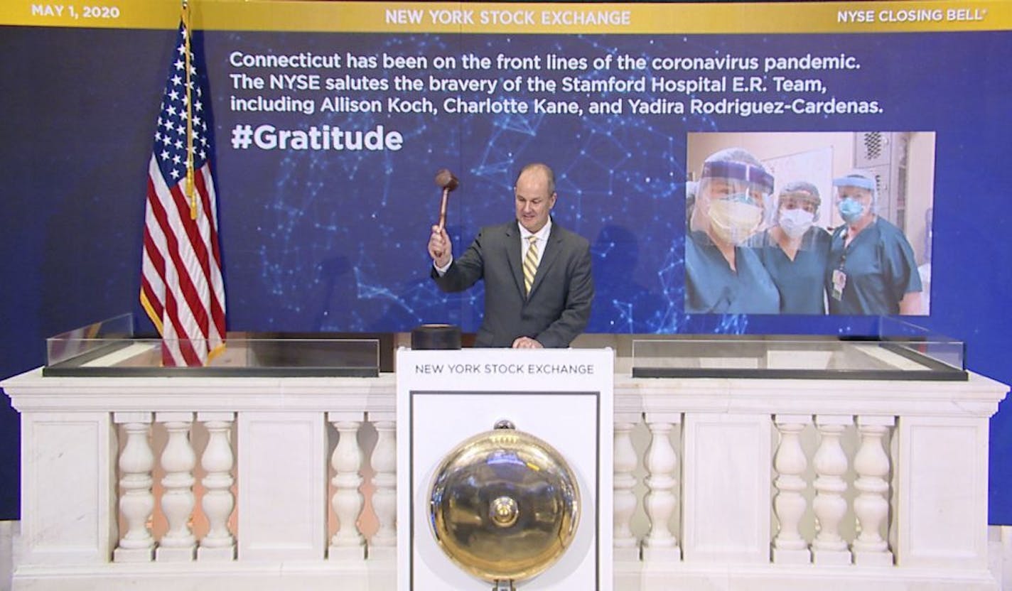 IMAGE DISTRIBUTED FOR THE NEW YORK STOCK EXCHANGE - On behalf of The New York Stock Exchange, Kevin Fitzgibbons, Chief Security Officer, rings The Closing Bell on May 1, 2020 in New York, to thank Allison Koch, Charlotte Kane, and Yadira Rodriguez-Cardenas, Stamford Hospital ER, Stamford, Conn. for their efforts and bravery on the front line. The NYSE joins millions of others who stand in awe and gratitude of the way people around the world have responded to the COVID-19 crisis - from medical pr