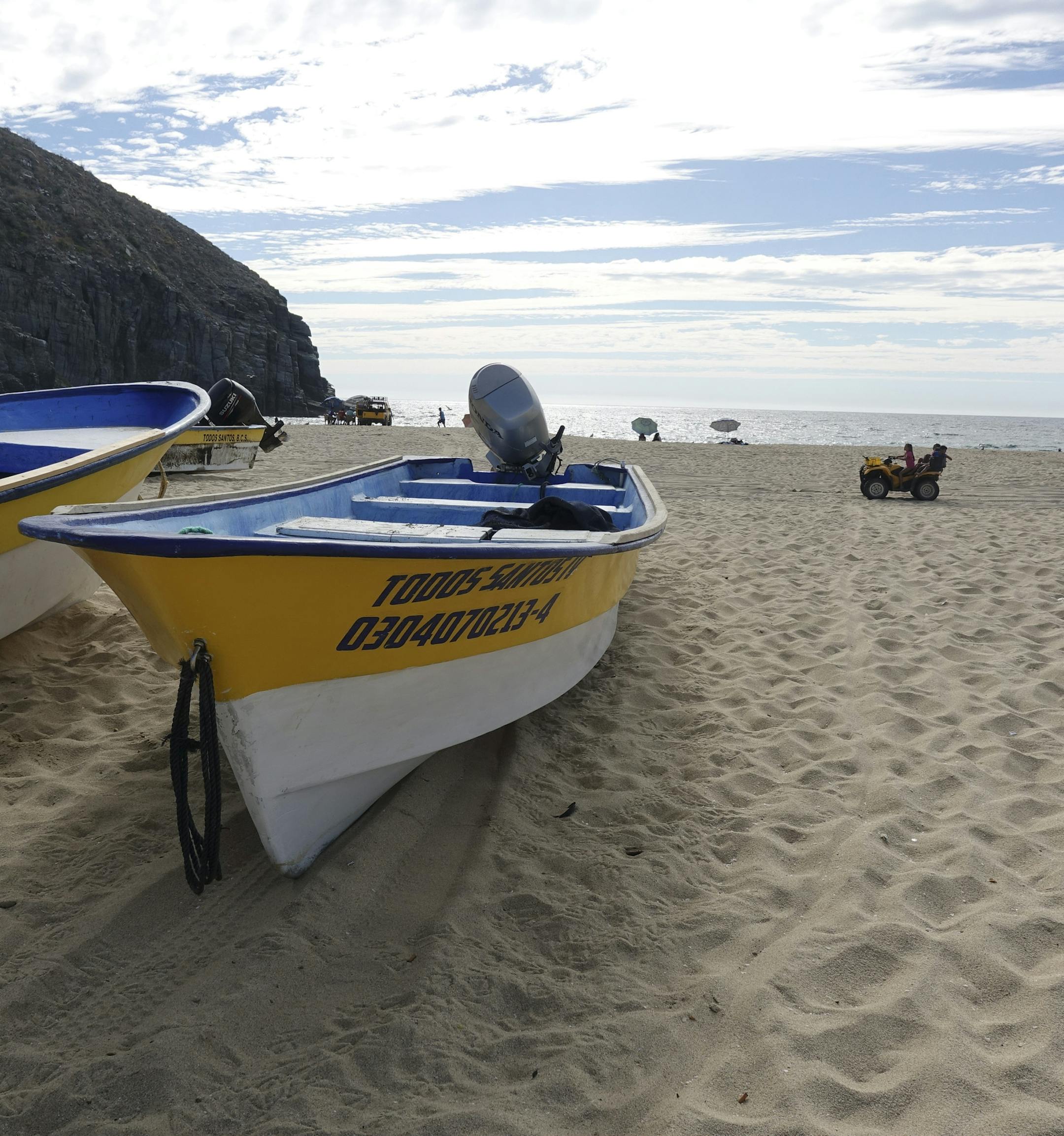 Boats at Punta Lobos, a fisherman's beach in Todos Santos, Mexico, April 1, 2018. Not so far away from the resorts and golf courses of Los Cabos, the southern tip of Baja can be full of surprises. (Jada Yuan/The New York Times) ORG XMIT: XNYT41