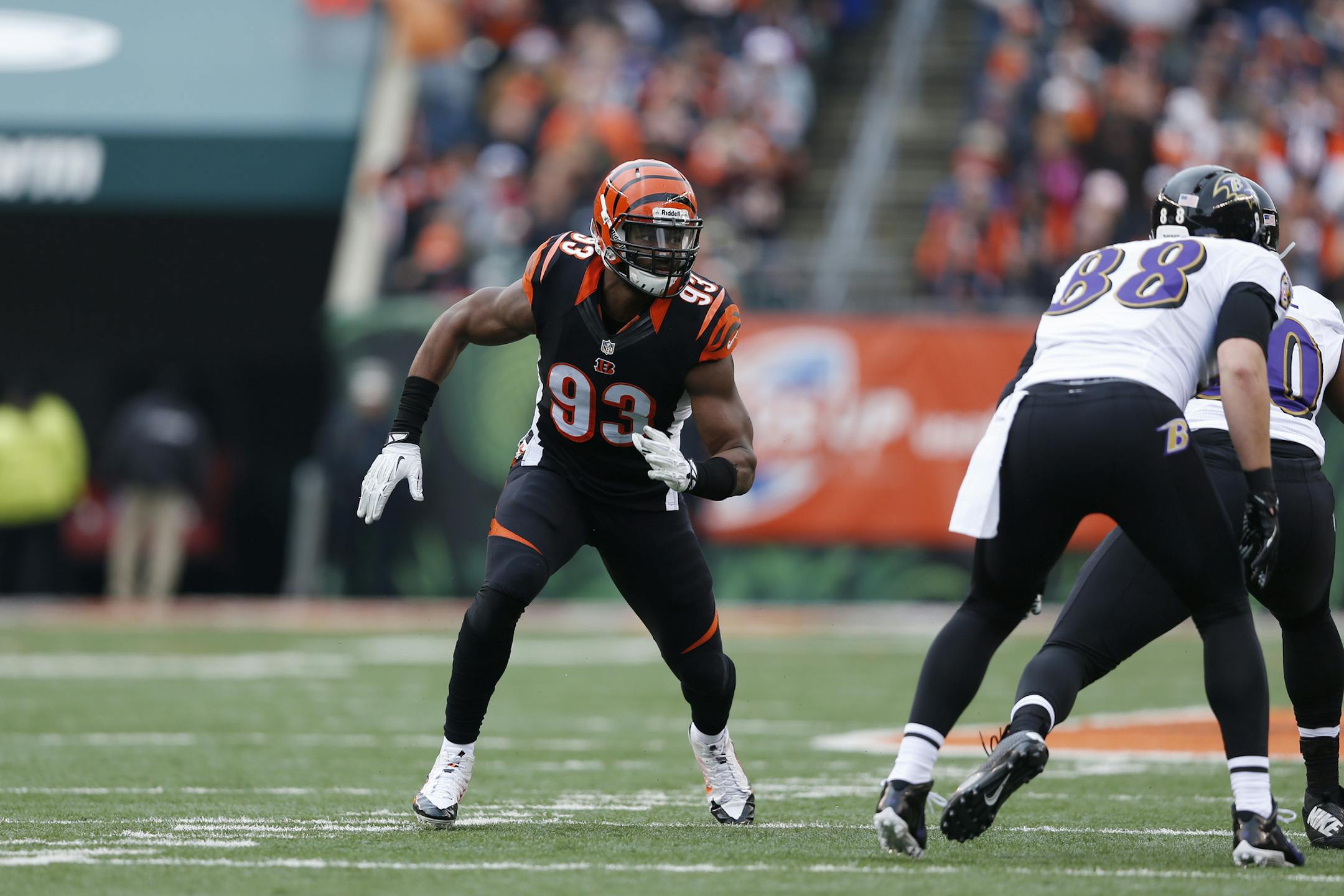 Cincinnati Bengals defensive lineman Michael Johnson (93) in action on defense during the NFL week 17 football game against the Baltimore Ravens on Sunday, Dec. 29, 2013, at Paul Brown Stadium in Cincinnati, Ohio. The Bengals won the game 34-17. (AP Photo/Joe Robbins) ORG XMIT: NYWWP