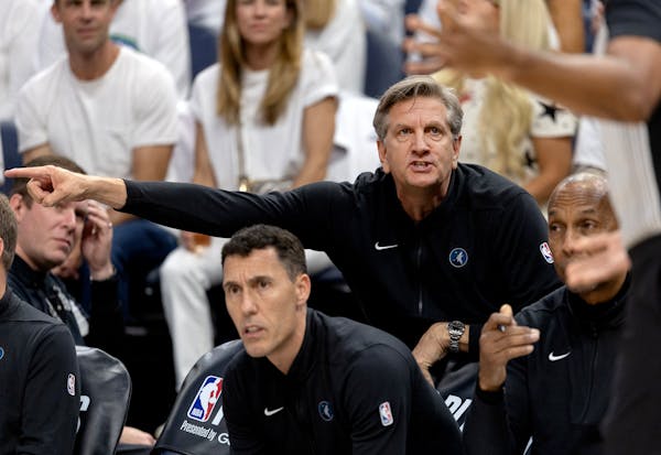 Timberwolves coach Chris Finch reacts during Game 4 of the Western Conference semifinals Sunday night at Target Center. The Wolves lost 115-107 and ar