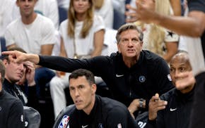 Timberwolves coach Chris Finch reacts during Game 4 of the Western Conference semifinals Sunday night at Target Center. The Wolves lost 115-107 and ar