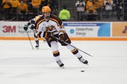 Gophers forward Matthew Knies (89) skated in for a goal against Notre Dame on Nov. 4 in Minneapolis.