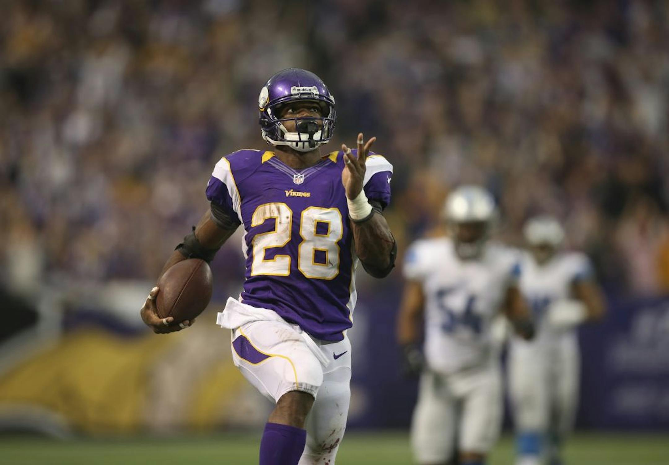 The Minnesota Vikings beat the Detroit Lions 34-24 in an NFL football game Sunday afternoon, November 11, 2012 at Mall of America Field in Minneapolis, Minn. The Vikings' Adrian Peterson high stepped towards the end zone near the end of a 61 yard touchdown run in the fourth quarter that put the game out of reach of the Lions.