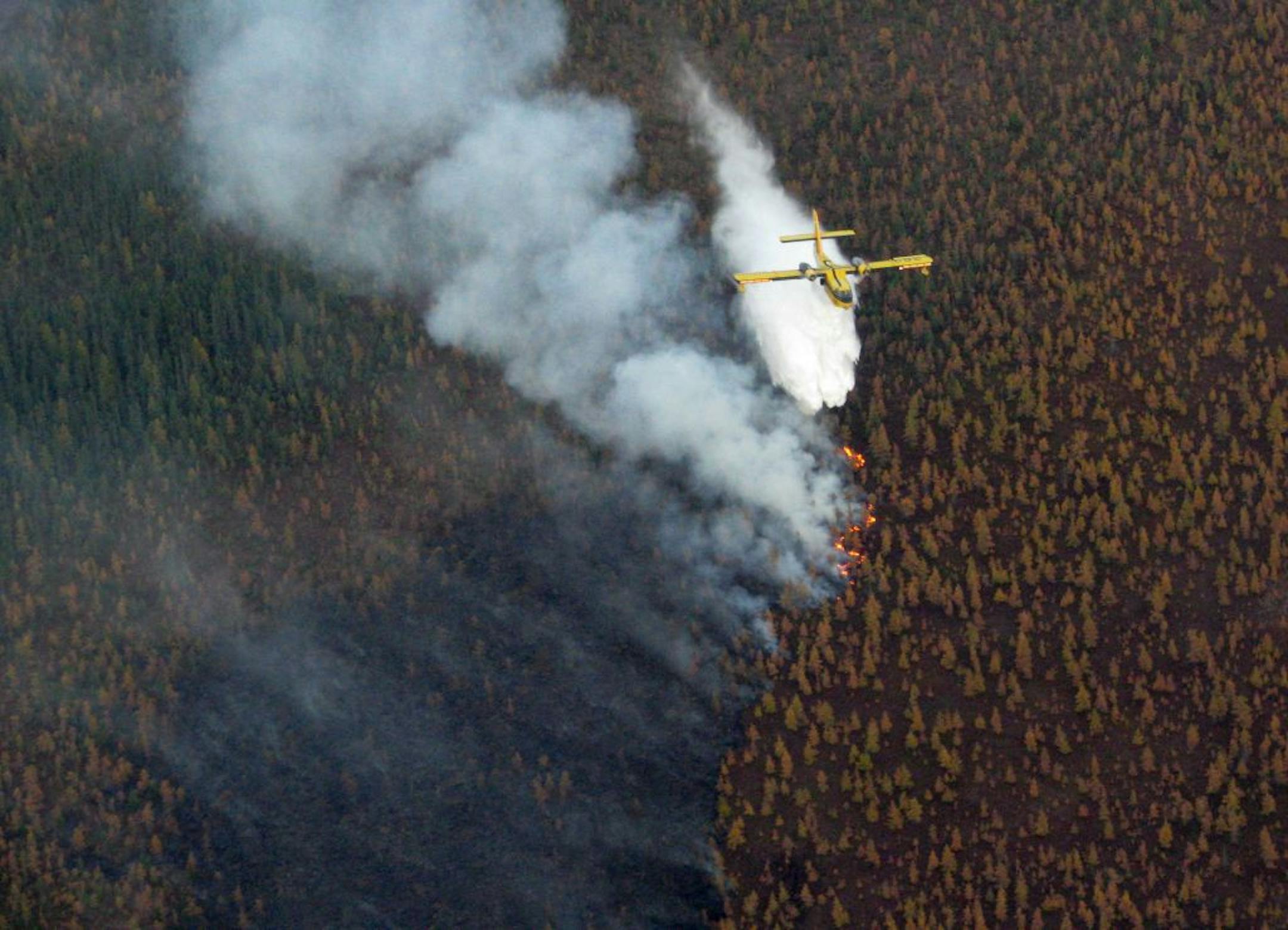 Photo courtesy Minnesota Interagency Fire Center. A CL-215 water scooper making a drop on the North Minnie fire.