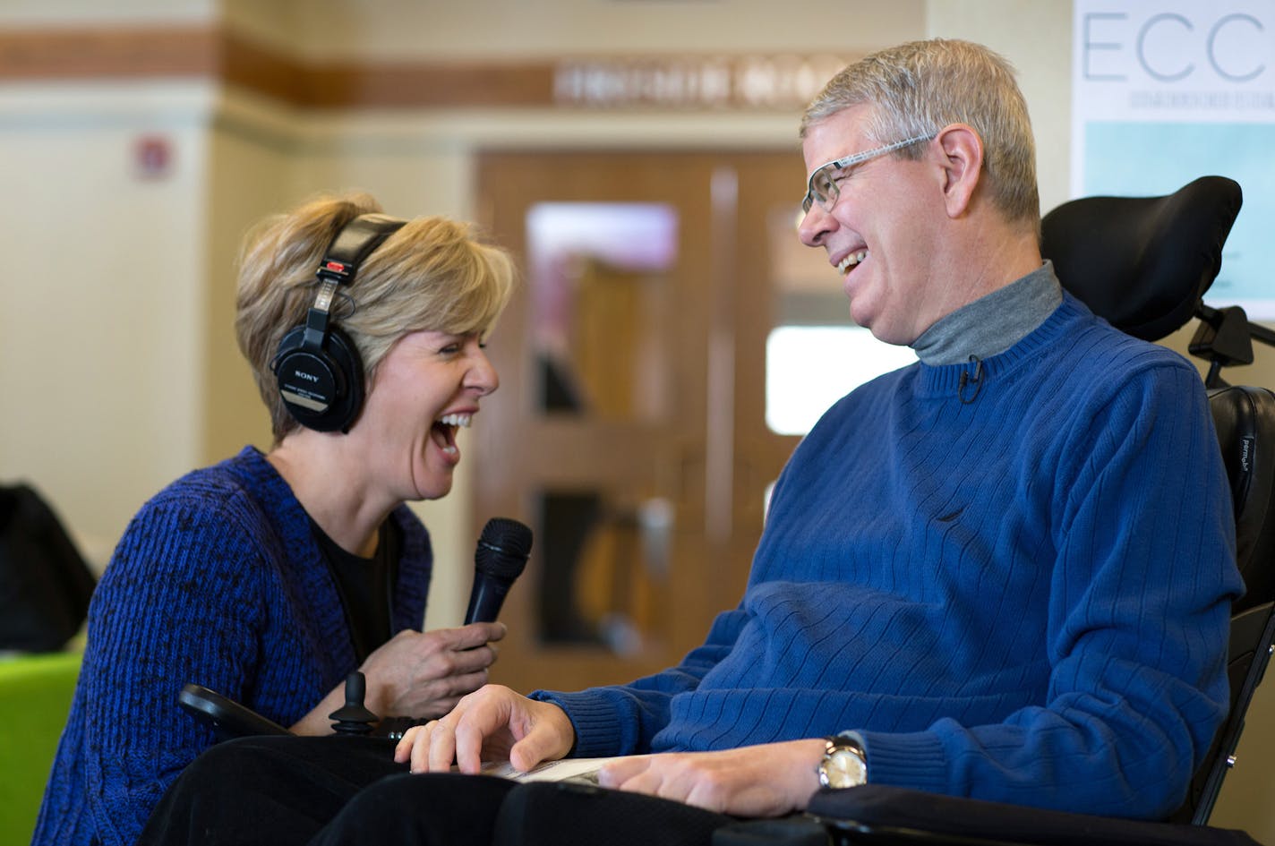 Cathy Wurzer interviews Bruce Kramer after a worship service Sunday, Feb. 17, 2013 at Good Samaritan United Methodist Church in Edina.