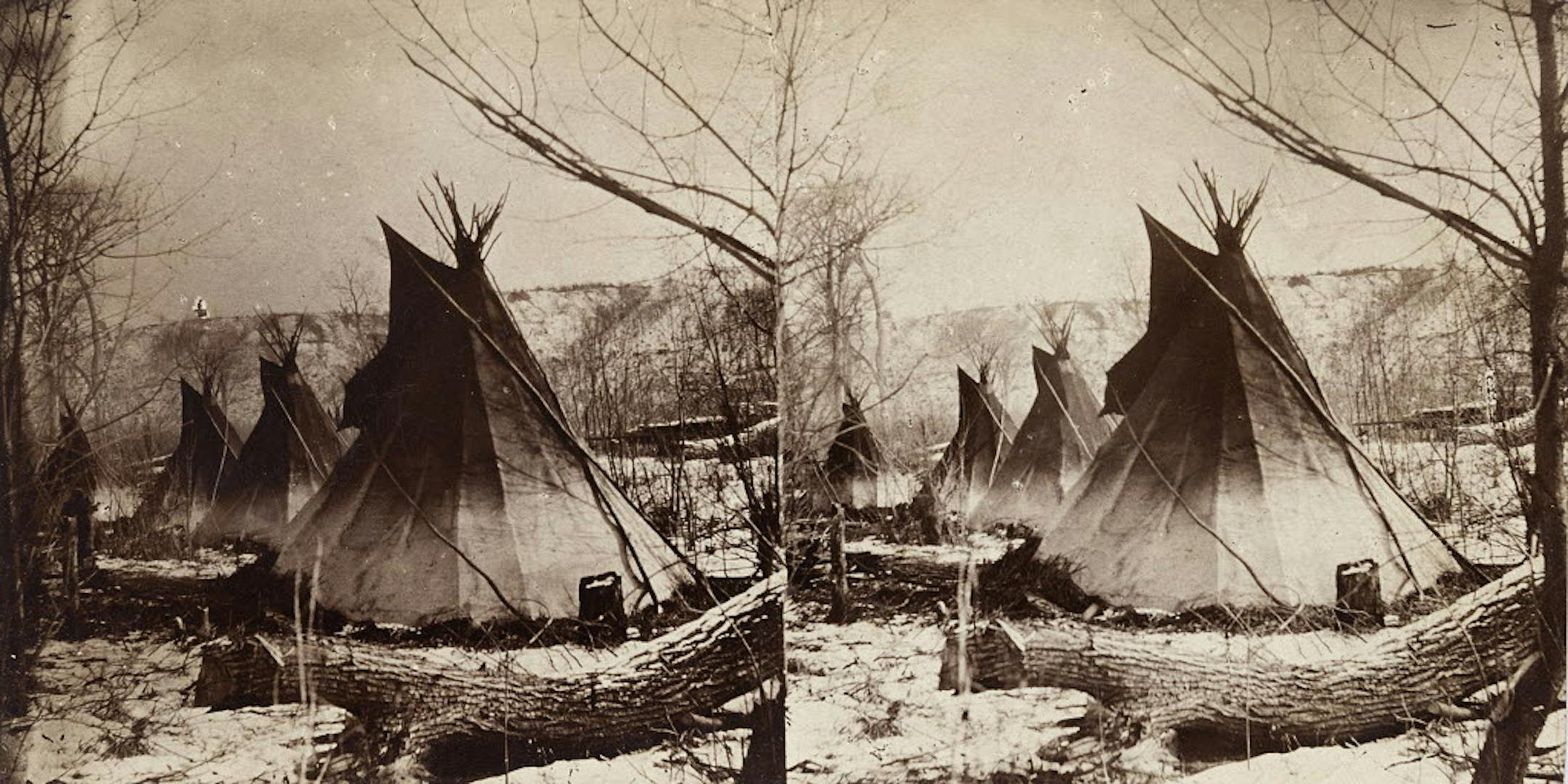 Tepees of Sioux Indians below Fort Snelling; held captive at Fort Snelling after the US-Dakota War of 1862.