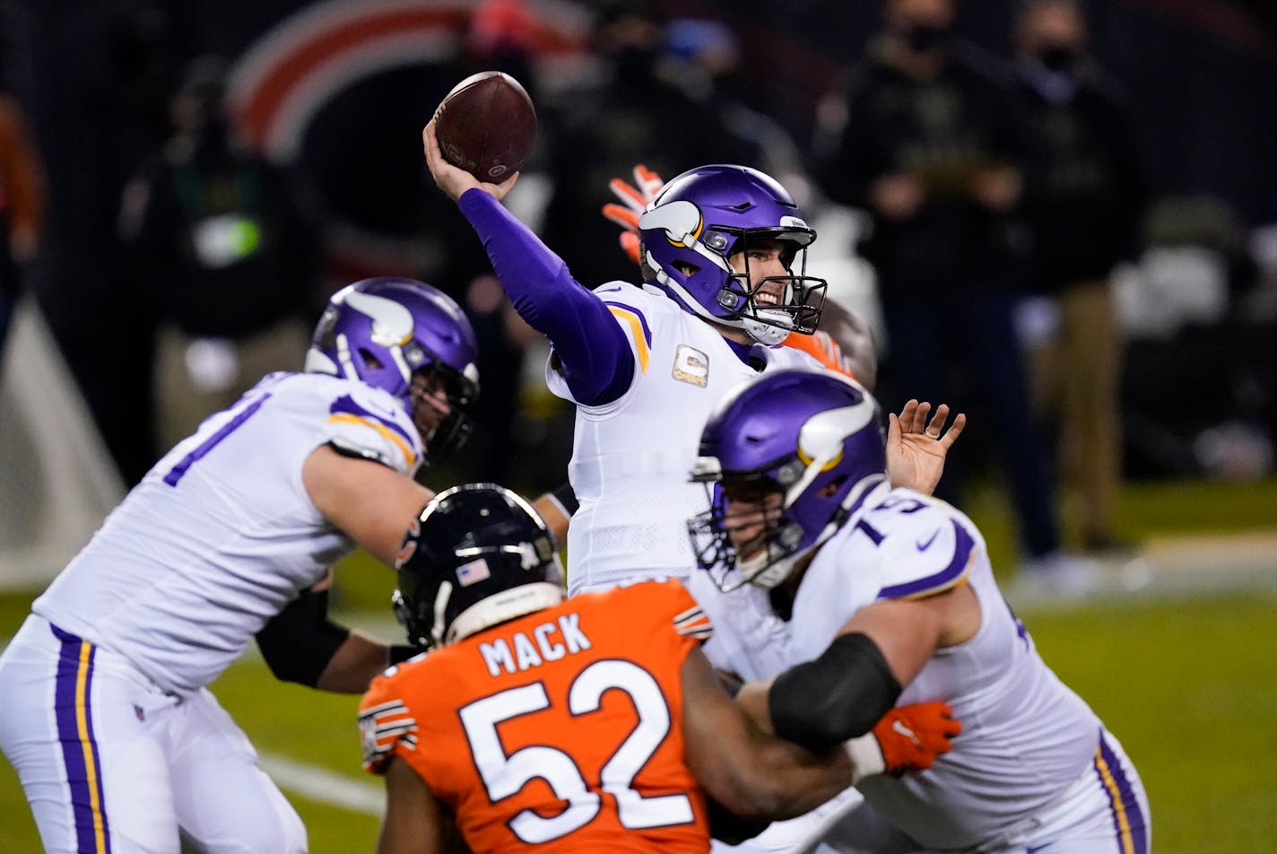 Minnesota Vikings quarterback Kirk Cousins throws during the first half of an NFL football game against the Chicago Bears Monday, Nov. 16, 2020, in Chicago. (AP Photo/Charles Rex Arbogast)