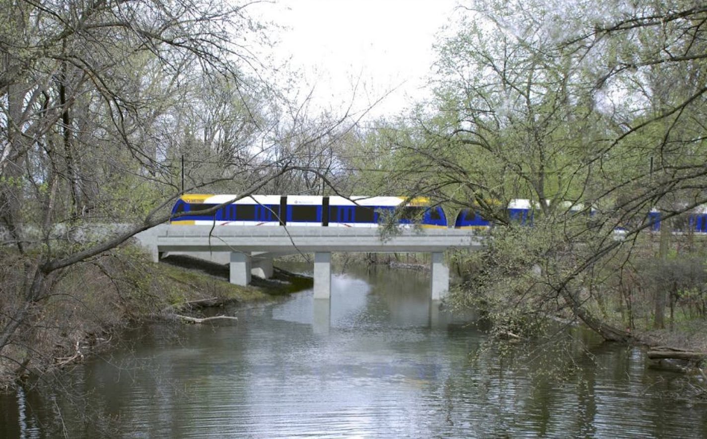 A rendering of the Southwest Light Rail train passing through the Kenilworth Lagoon.