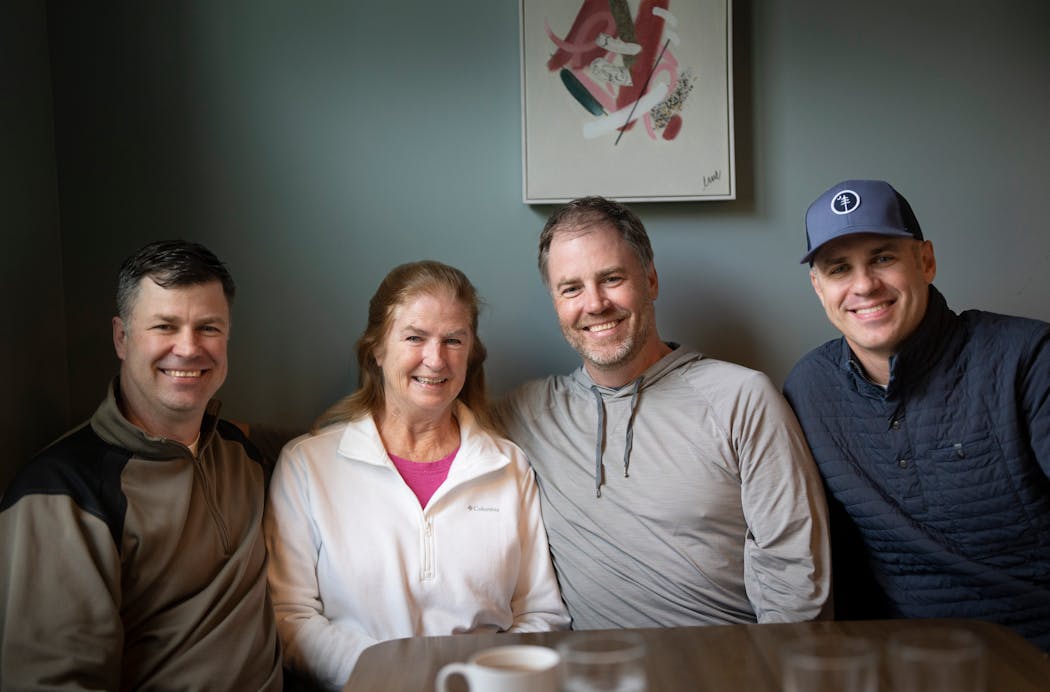 From the left, Jake, Teresa, Bill and Joe Mauer over breakfast at the Copperfield in Mendota Heights. Teresa says while all three boys turned out to be star athletes, her main focus in sports was that they had fun. 