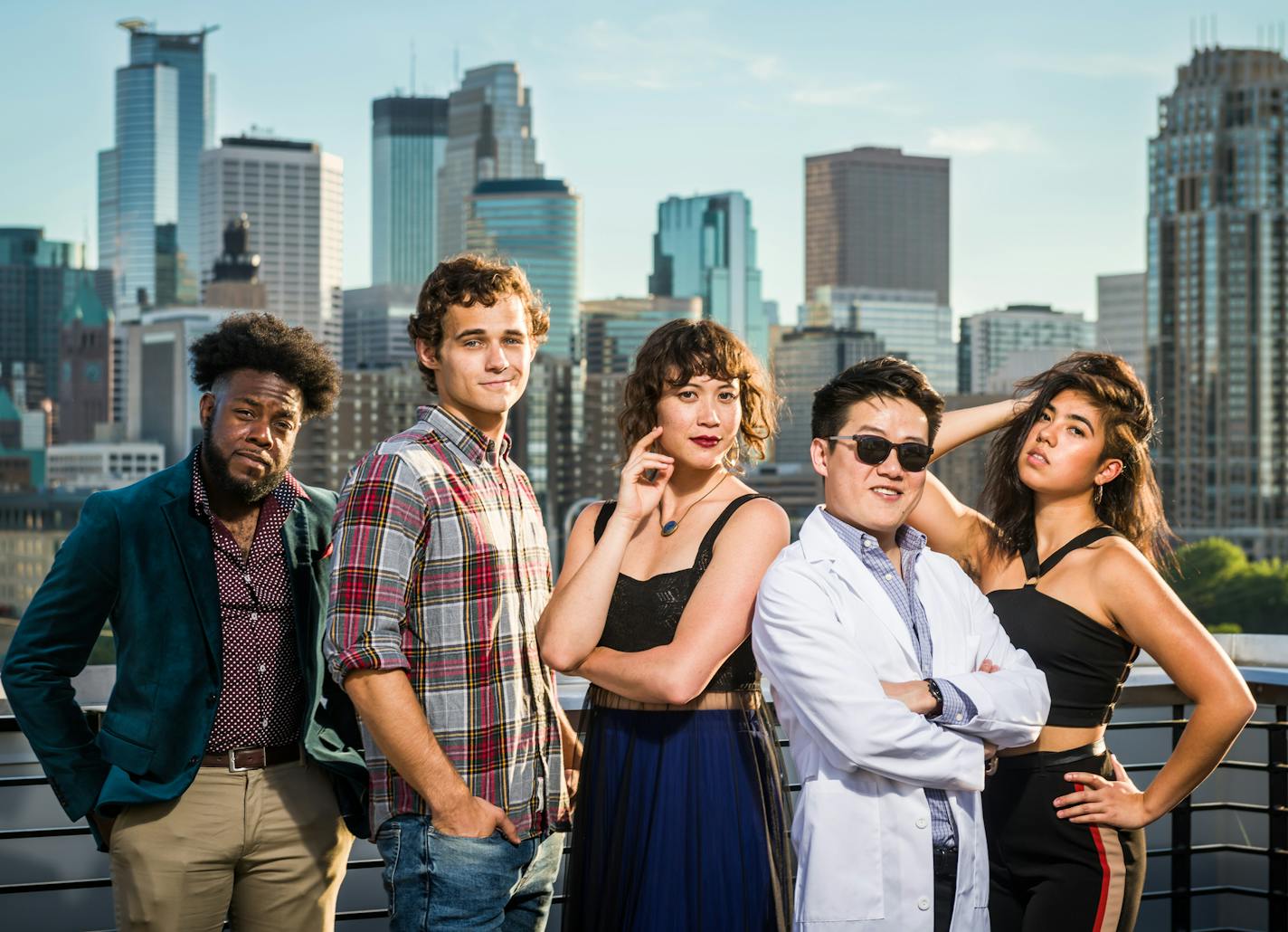 Theater Mu's dark comedy, "Hot Asian Doctor Husband," features (from left) Mikell Sapp, Damian Leverett, Meghan Kreidler, Eric Sharp and Danielle Troiano.