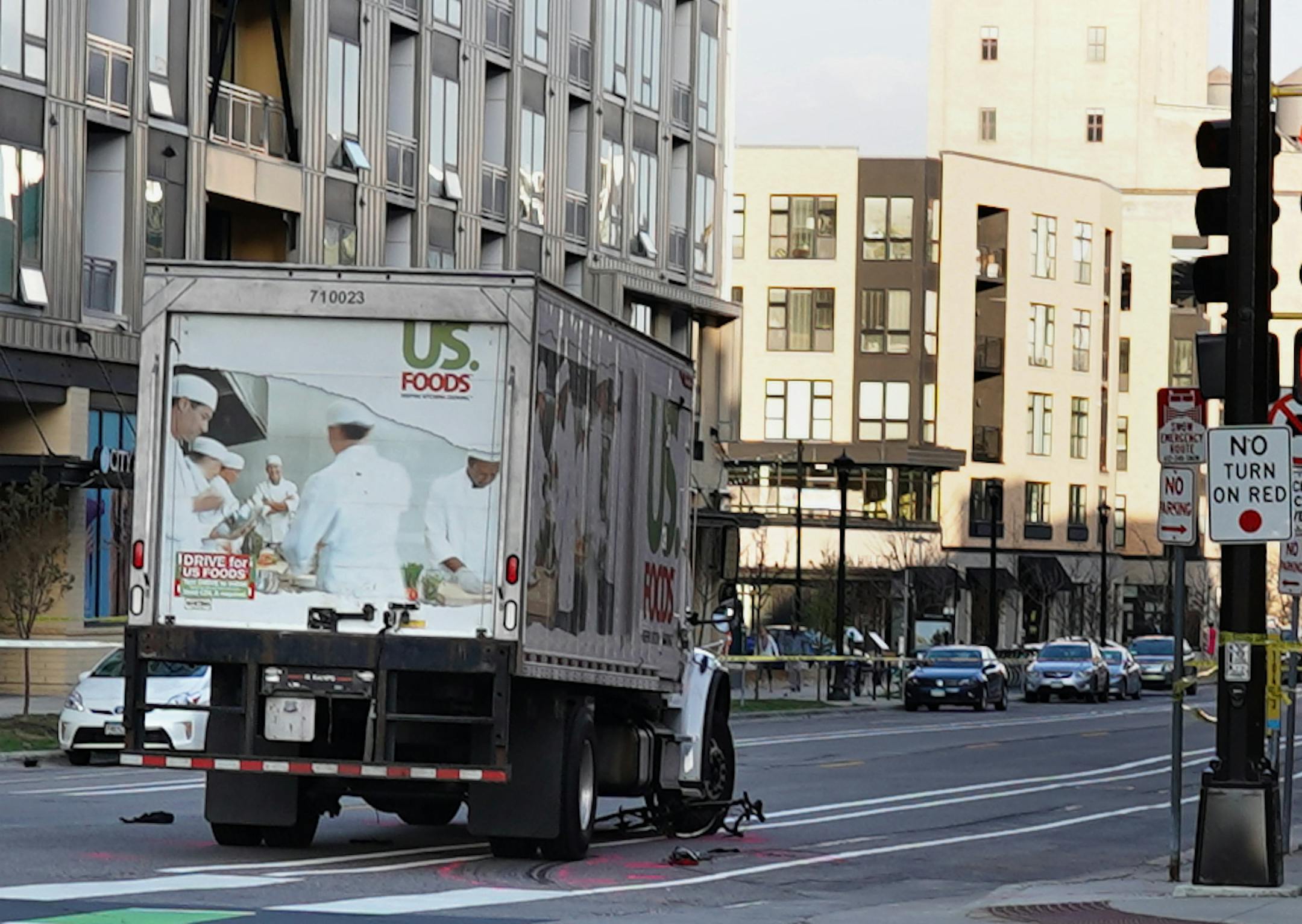A delivery truck collided with a cyclist near the corner of 3rd Avenue and 2nd Street on Thursday, April 25, in downtown Minneapolis.