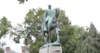 The statue of Confederate General Robert E. Lee still stands in Lee park in Charlottesville, Va., Monday, Aug. 14, 2017. The removal of the statue is 