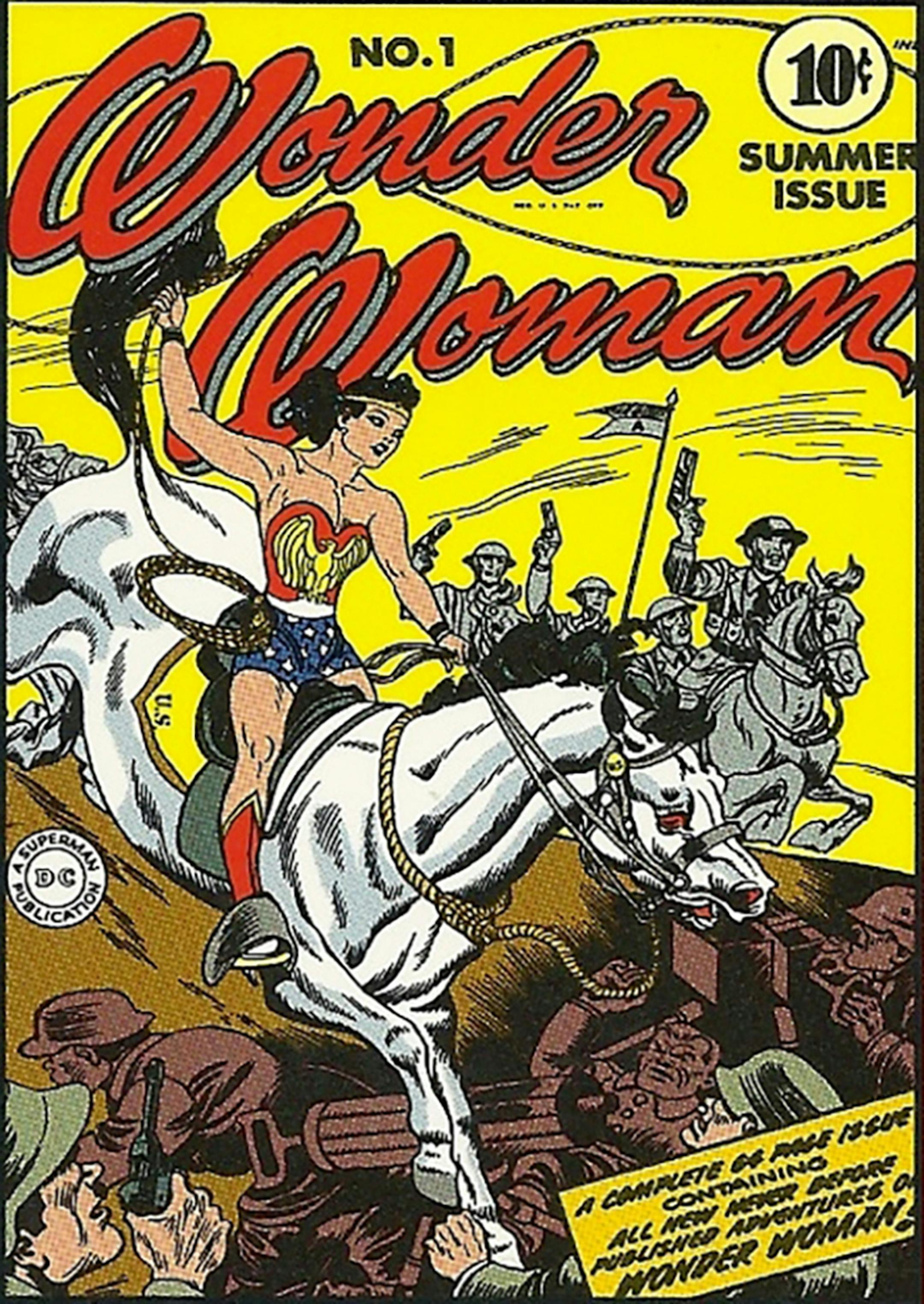 Cover to "Wonder Woman" #1, 1942. Wonder Woman's original costume was a red bodice, star-spangled blue culottes, red and white boots with a gold tiara, lasso and eagle chest symbol. It has gone through many changes since. Copyright DC Entertainment Inc. (TNS) ORG XMIT: 1169632