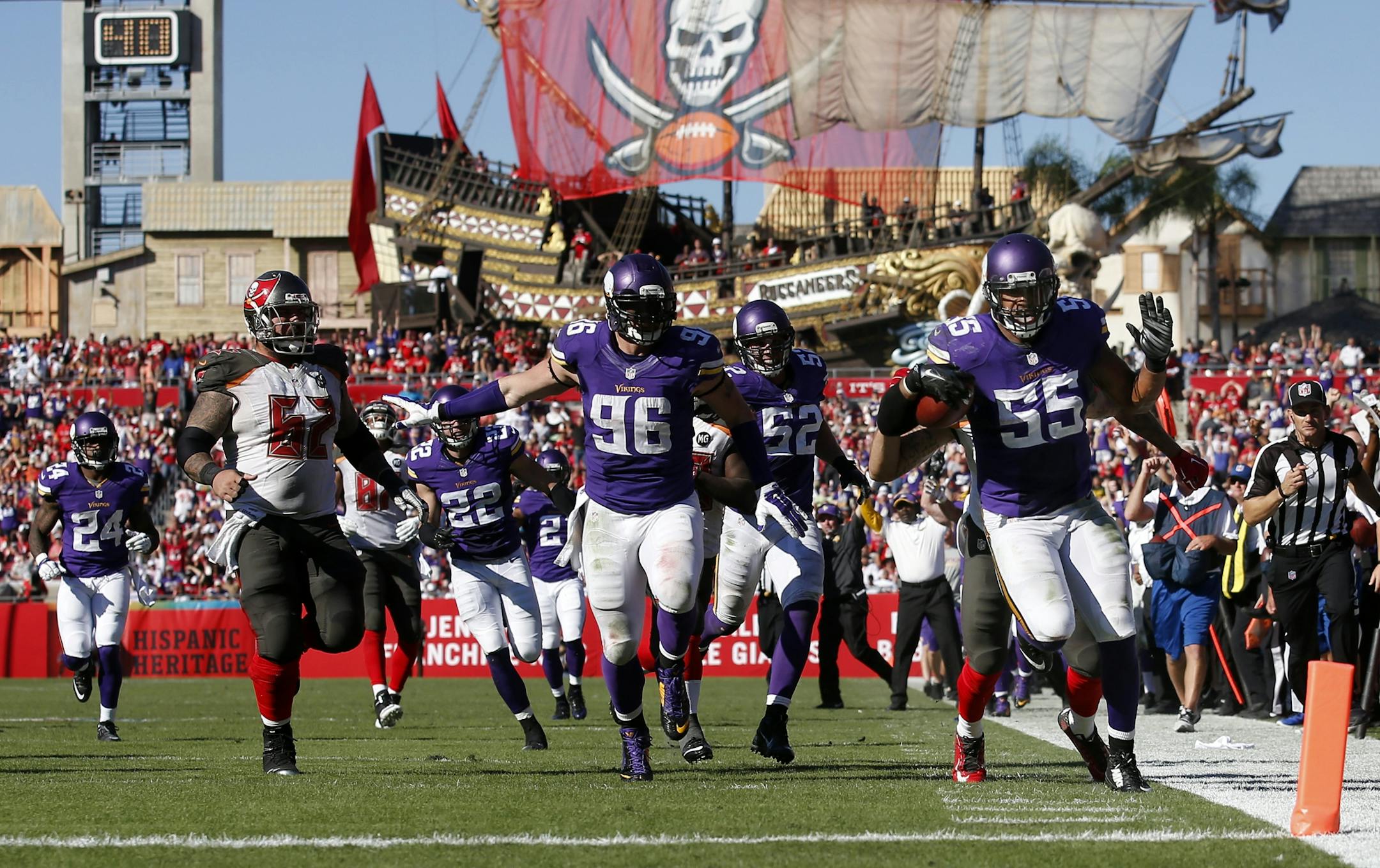 Minnesota Vikings linebacker Anthony Barr (55) returned a fumble by Austin Seferian-Jenkins 27-yards for a touchdown to win the game in overtime.