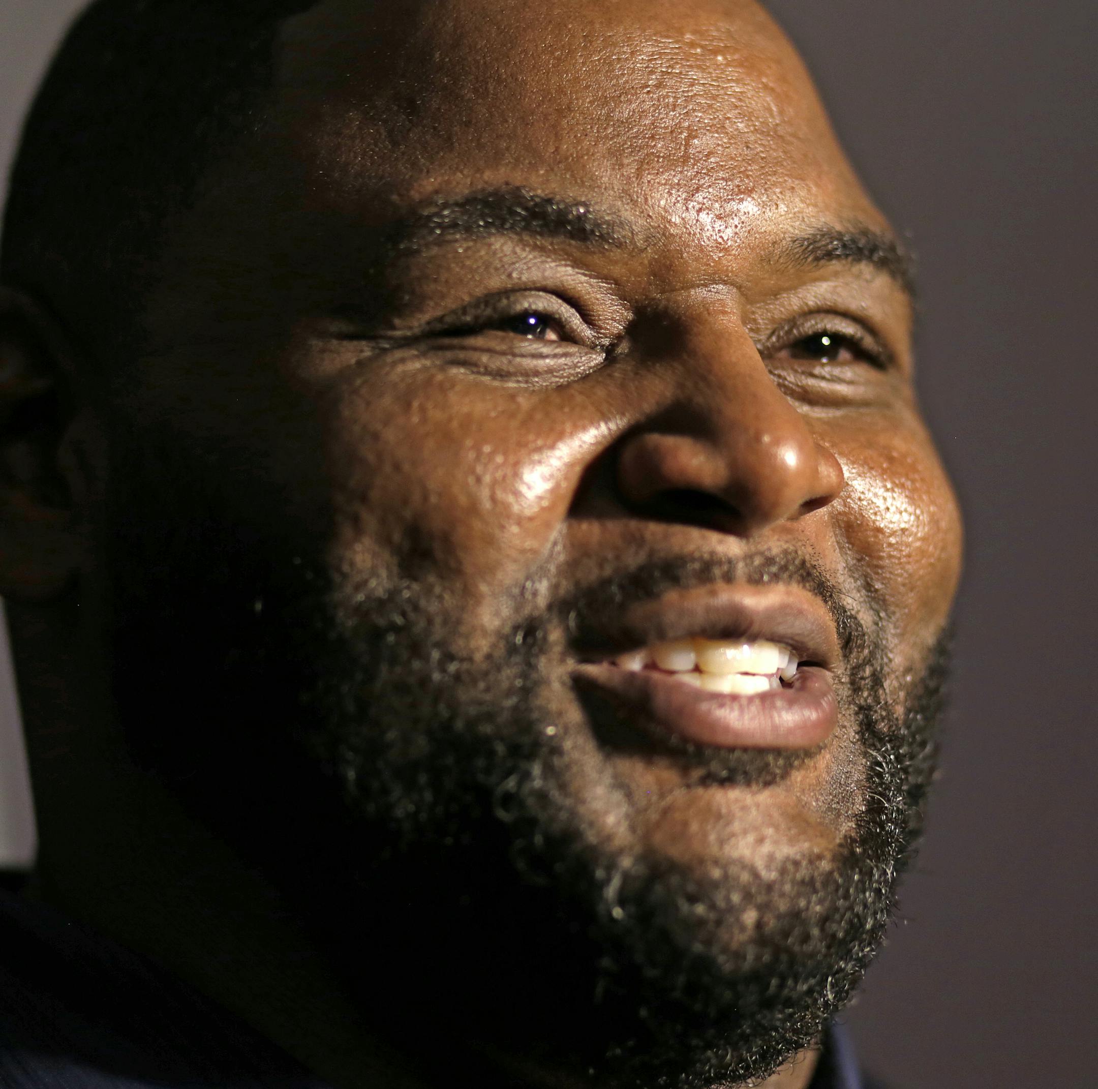 Pro Football Hall of Fame 2016 inductee Orlando Pace talks to reporters Friday, Aug. 5, 2016, in Canton, Ohio. (AP Photo/Gene J. Puskar)