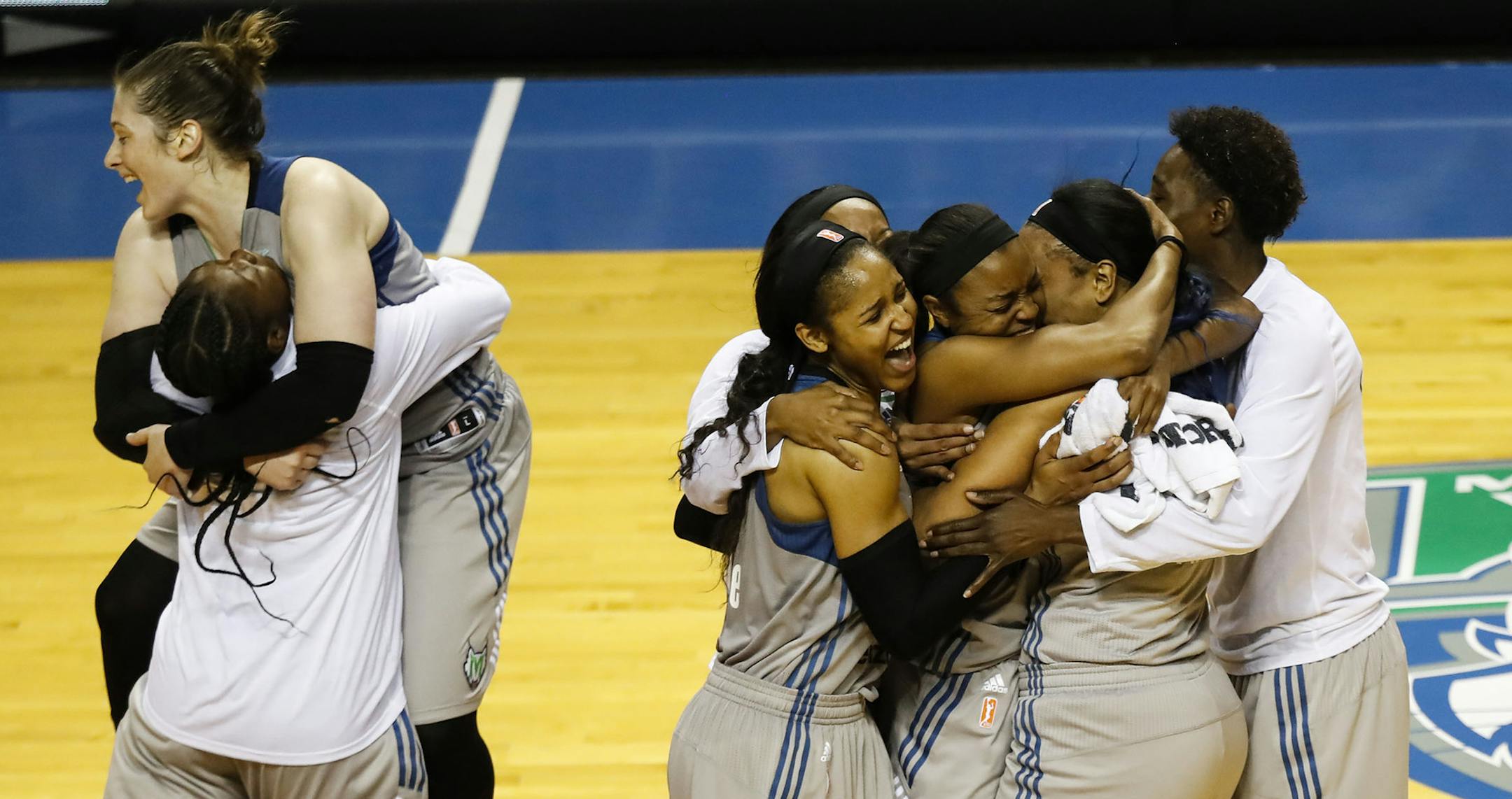 The Minnesota Lynx celebrate after winning the WNBA finals against the Los Angeles Sparks at Williams Arena, Wednesday, Oct. 4, 2017 in Minneapolis. (Renee Jones Schneider/Star Tribune via AP) ORG XMIT: MIN2017100422420354