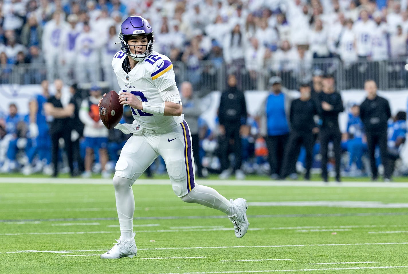 Minnesota Vikings quarterback Nick Mullens (12) Sunday, December 24, 2023, at U.S. Bank Stadium in Minneapolis, Minn. ] CARLOS GONZALEZ • carlos.gonzalez@startribune.com